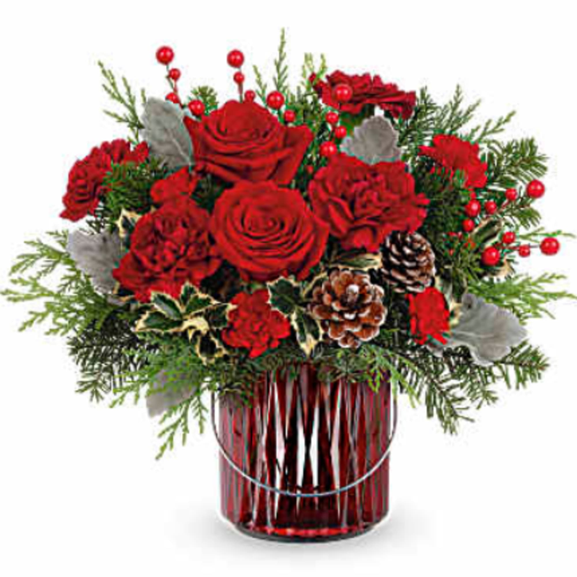 Illuminate your holiday festivities with this enchanting Christmas bouquet, elegantly arranged in