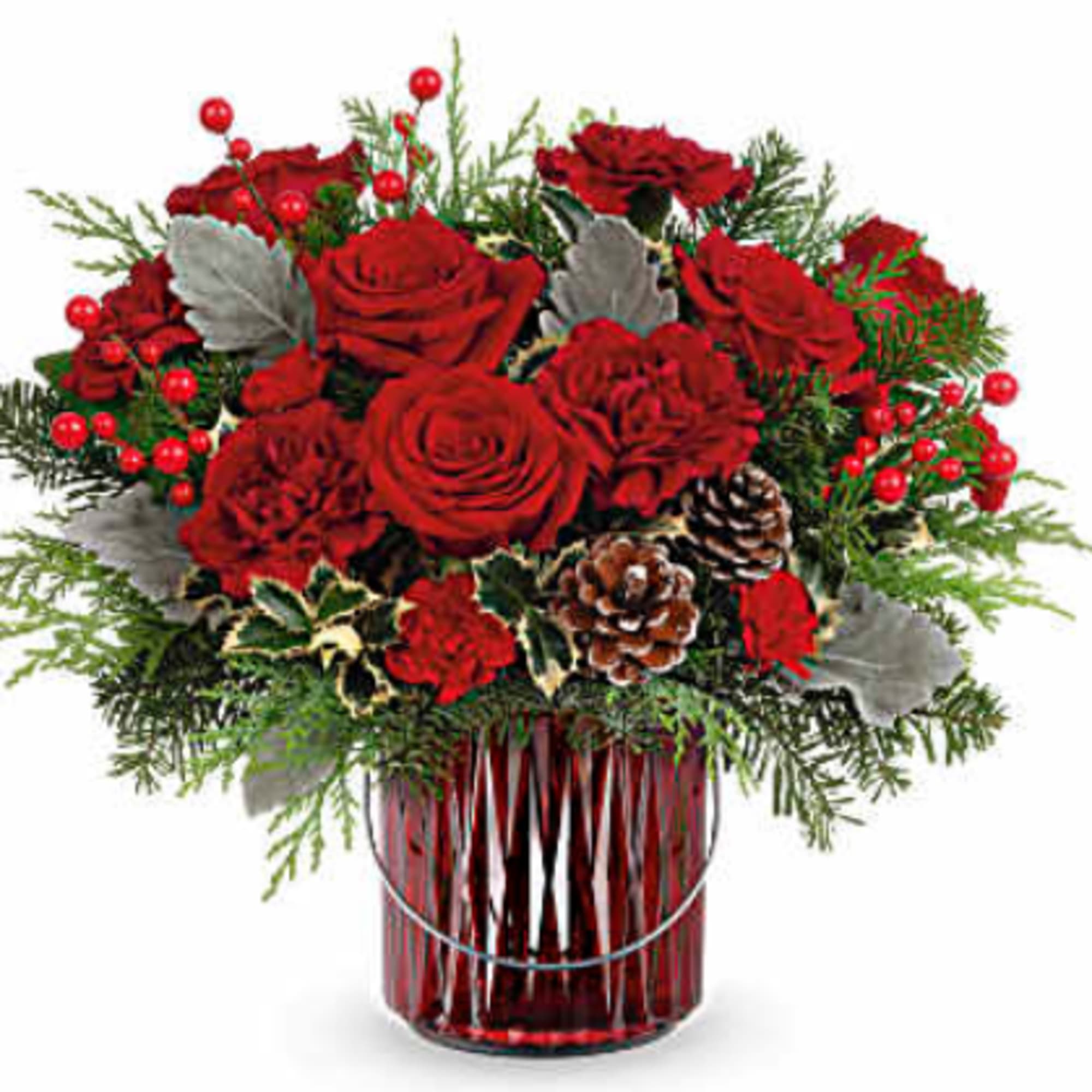 Illuminate your holiday festivities with this enchanting Christmas bouquet, elegantly arranged in