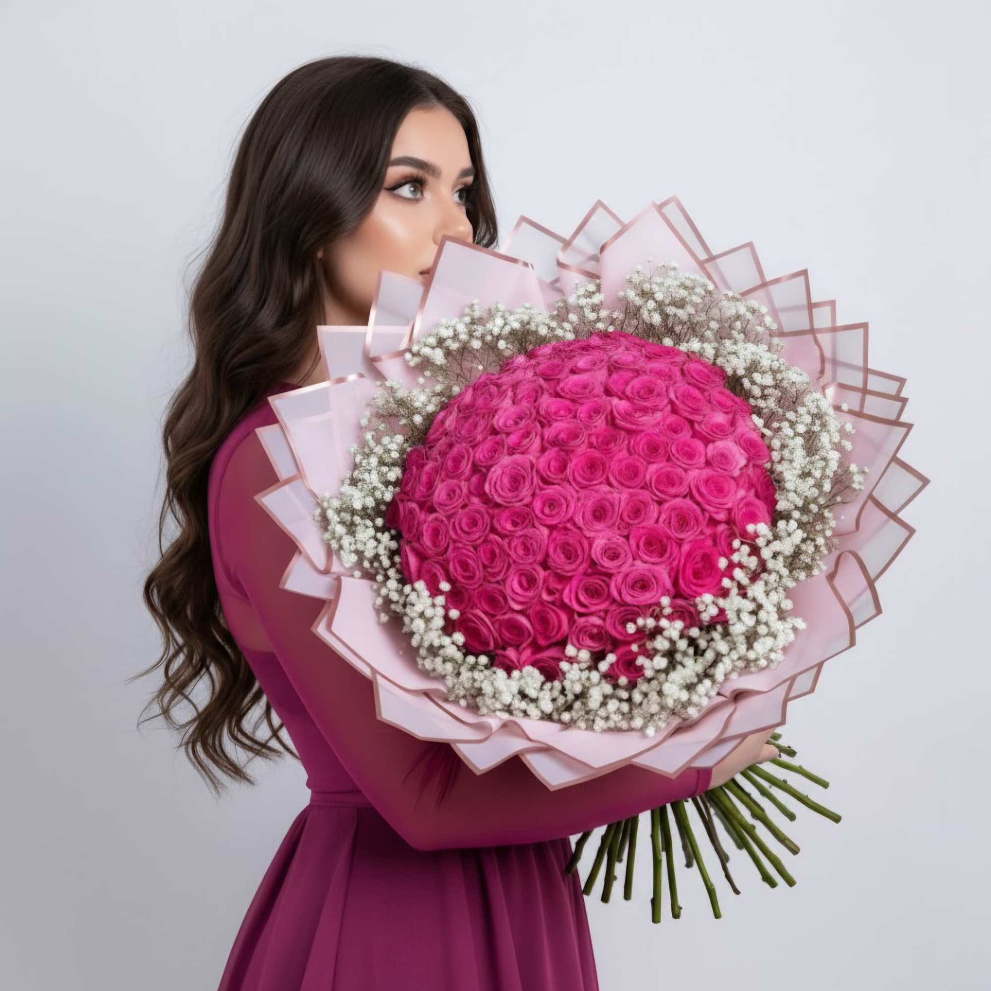 Presentamos nuestro Ramo Gigante de Rosas Fucsia y Baby&#039;s Breath, una obra
