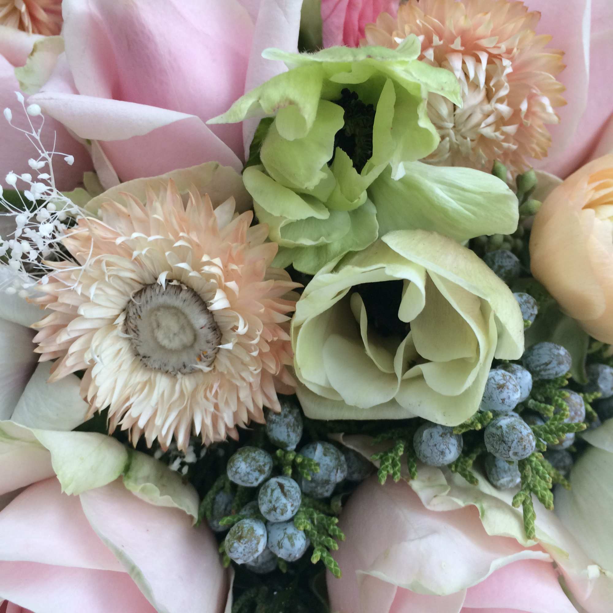 Milky white, ivory, light pink, powder, cream and dusty greens with the