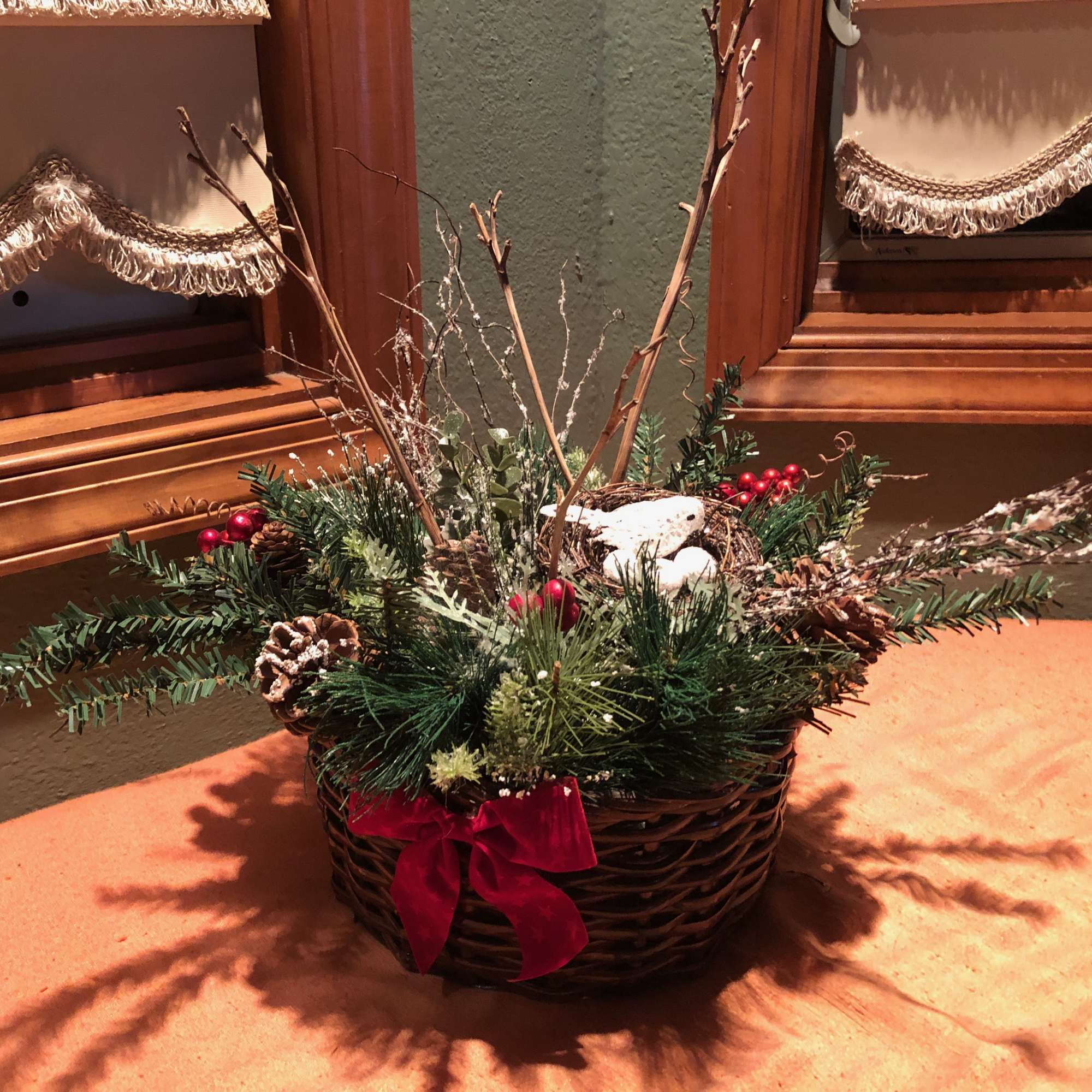 Long lasting decorative accents  &amp; preserved branches with Christmas greenery, pinecones