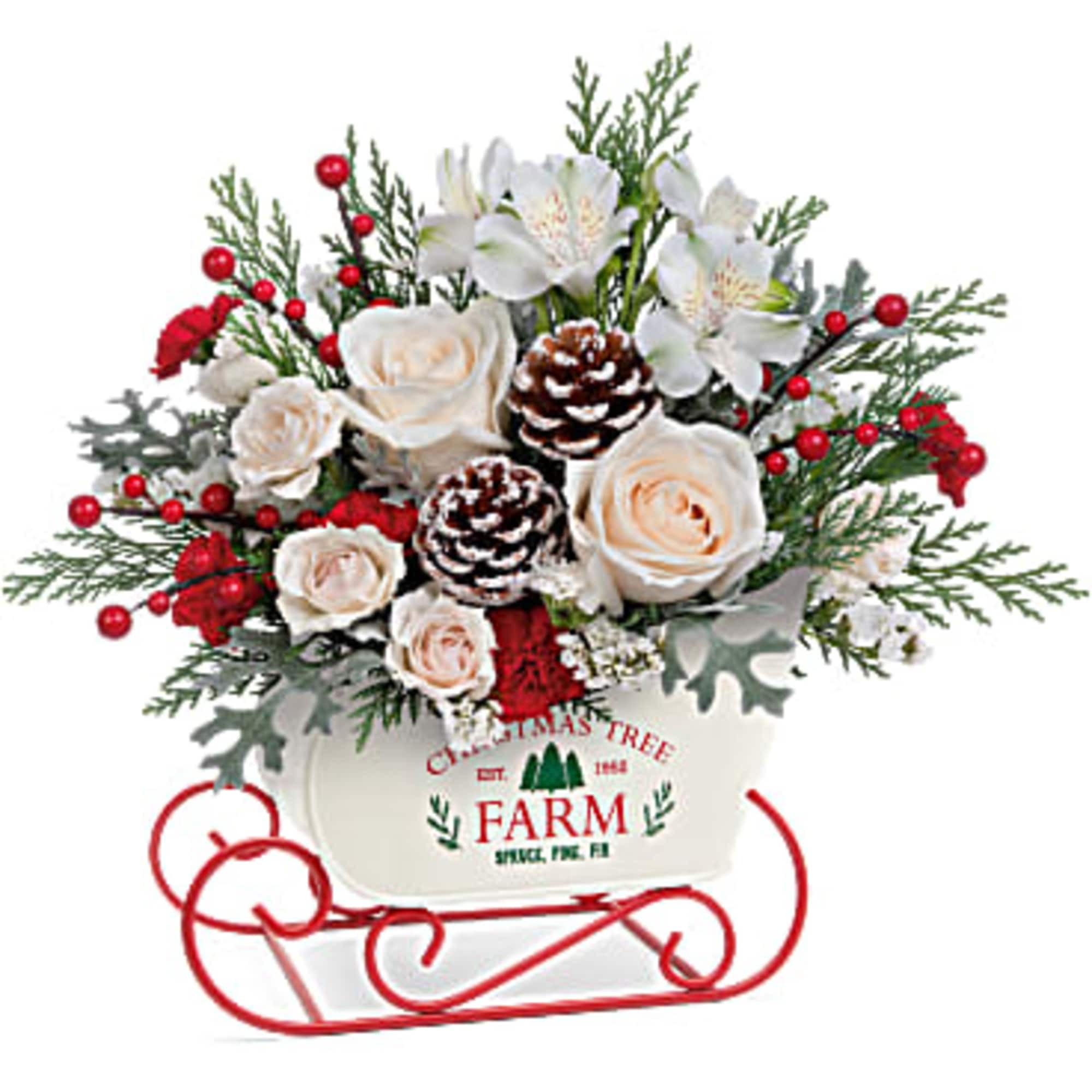 With its snowy white rose bouquet and vintage-inspired tree farm motif, this