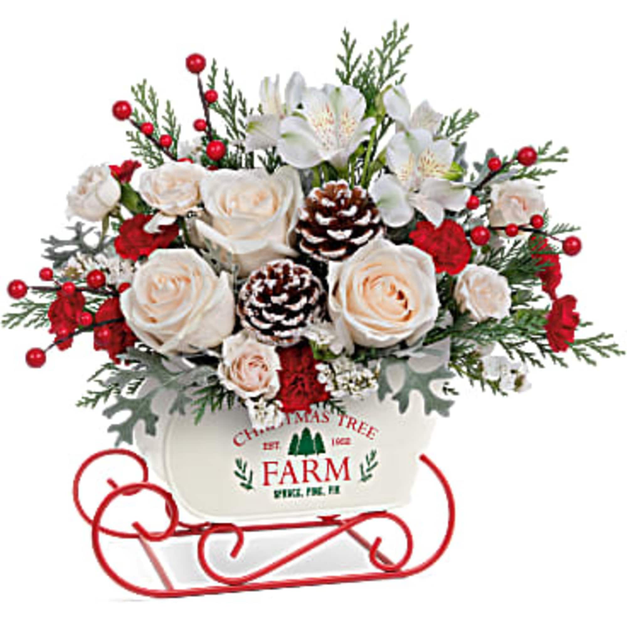 With its snowy white rose bouquet and vintage-inspired tree farm motif, this