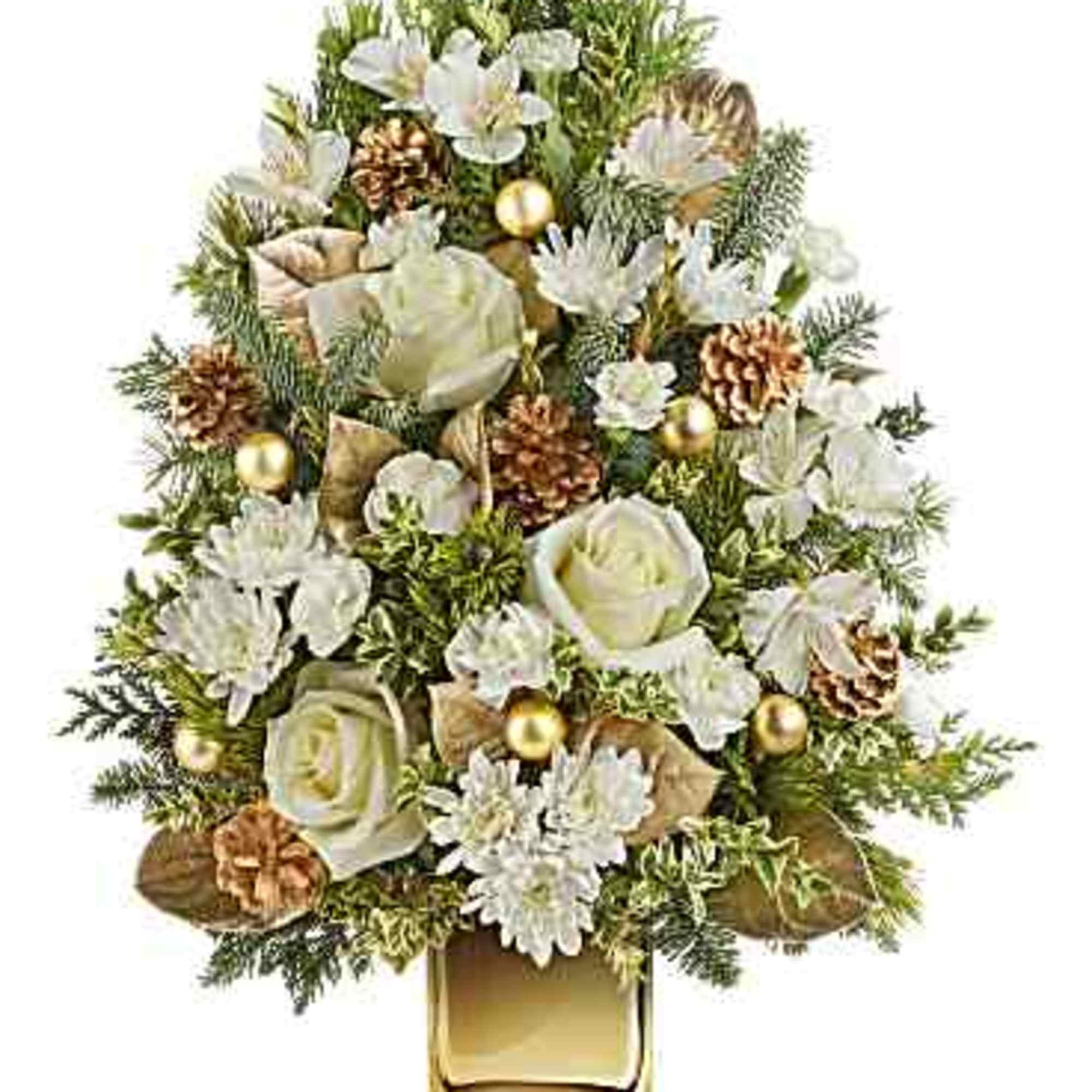 
A traditional boxwood tree decorated with Pinecones and ornaments in a weather