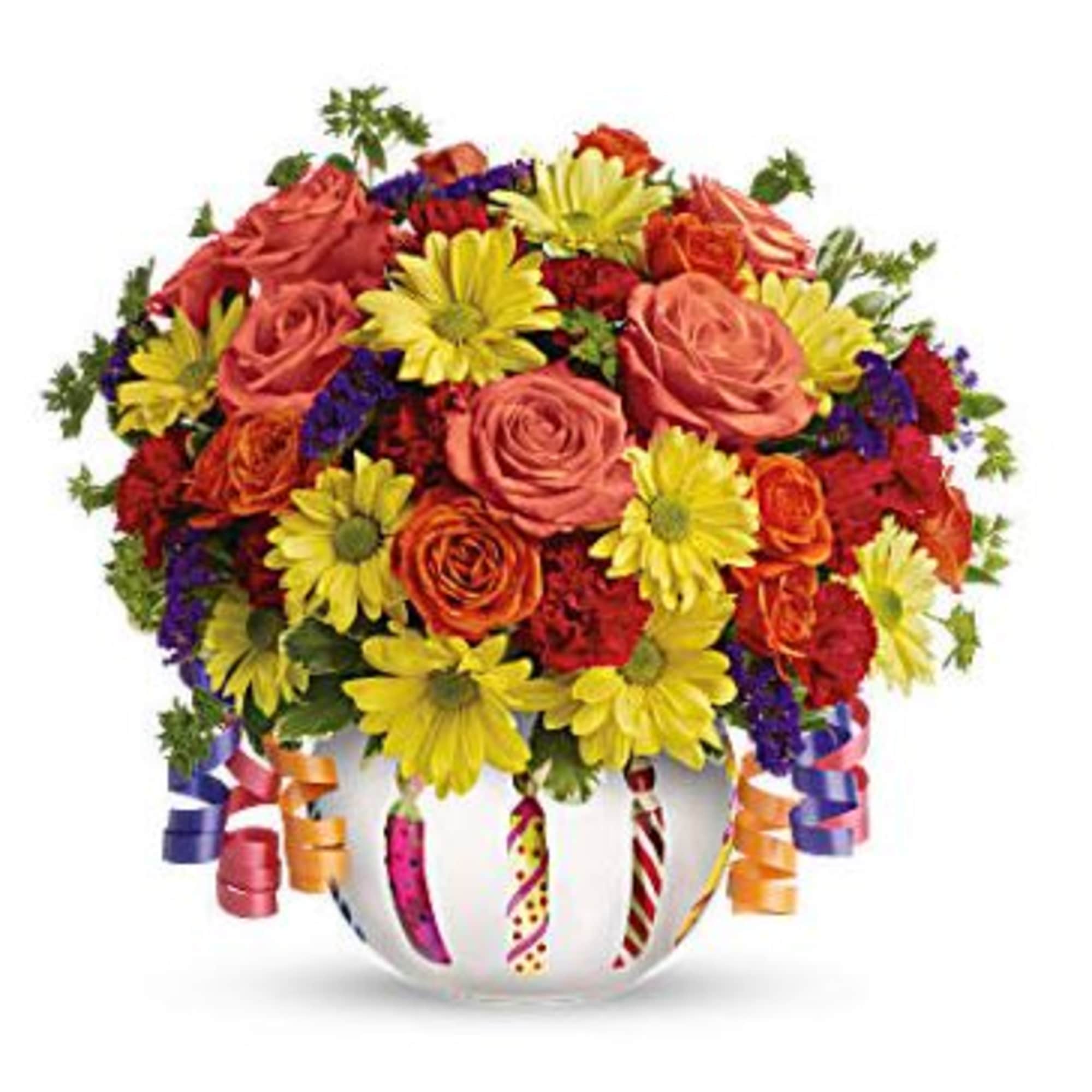 A frosted globe is decorated with birthday candles and filled with seasonal