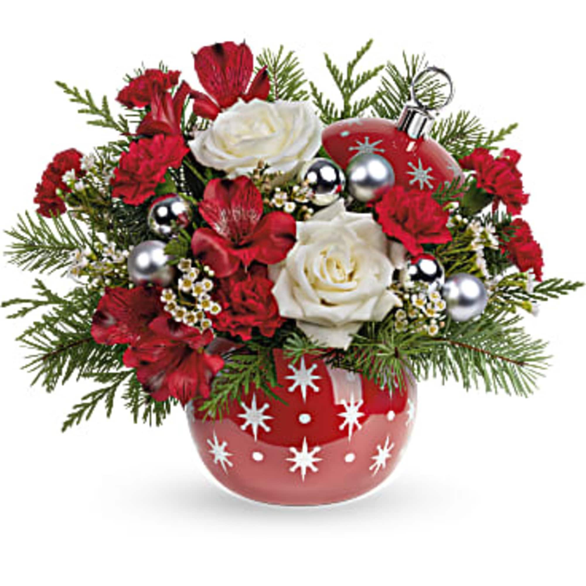 Make Christmas twinkle with this bouquet of snow white roses and fresh
