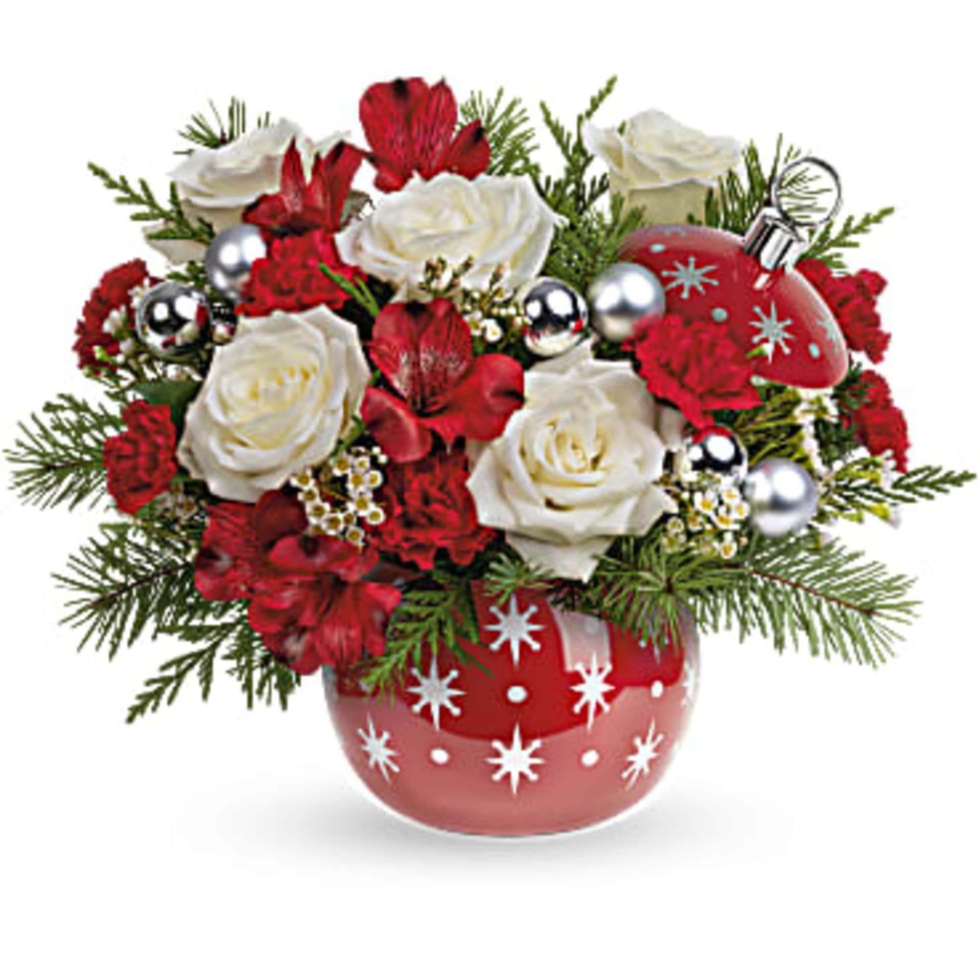 Make Christmas twinkle with this bouquet of snow white roses and fresh