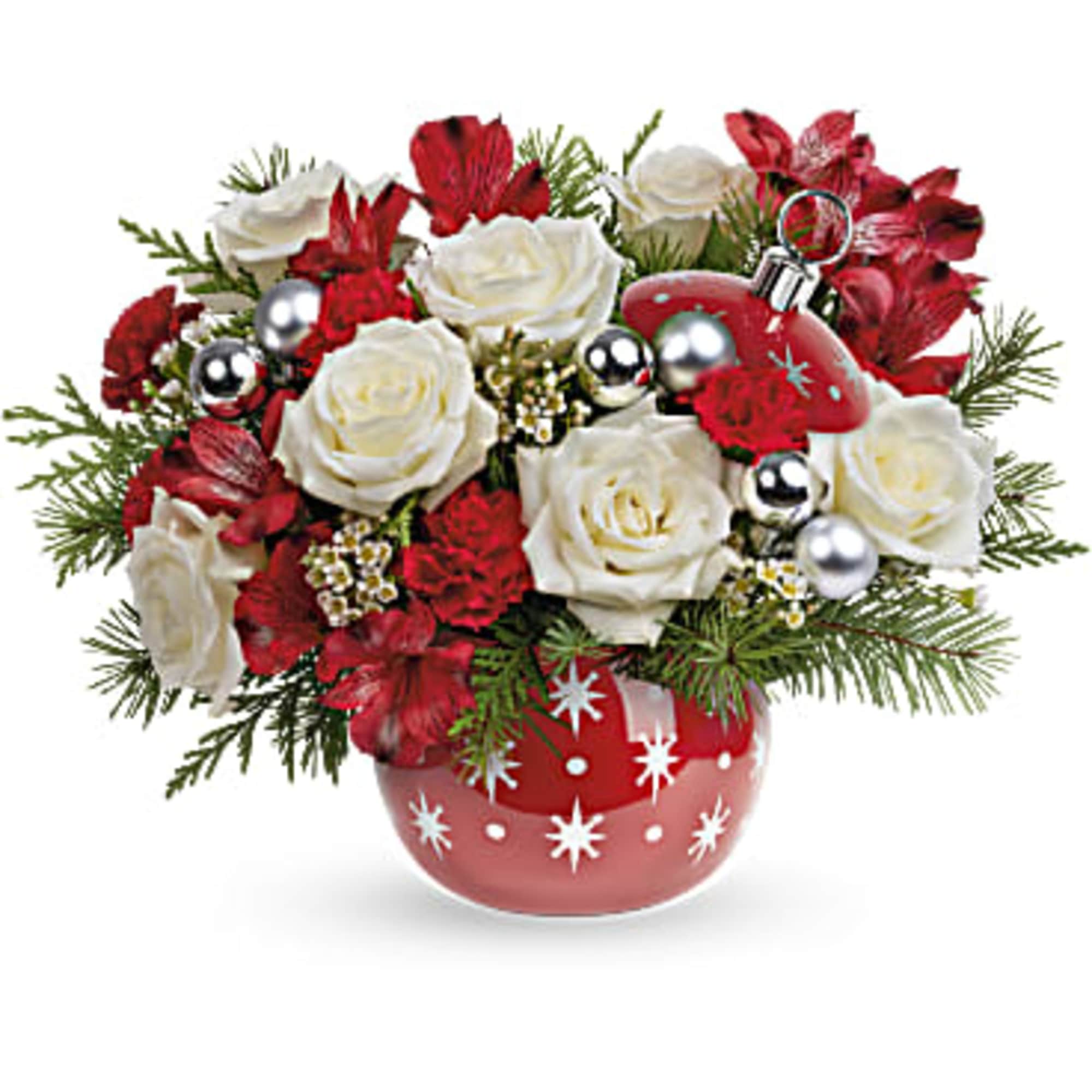 Make Christmas twinkle with this bouquet of snow white roses and fresh