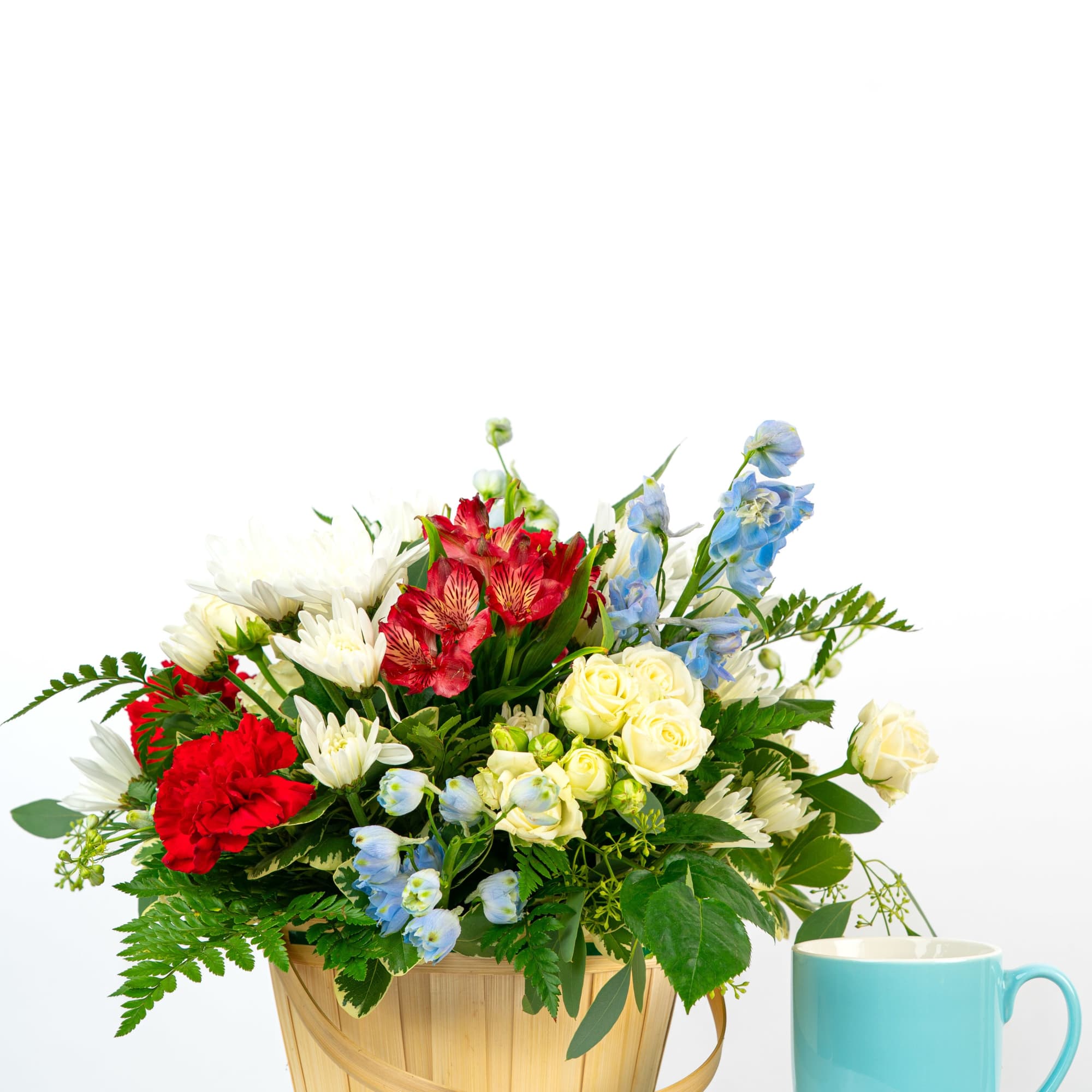 Our Honor Collection&#039;s Basket features red, white, and blue blooms, a classic