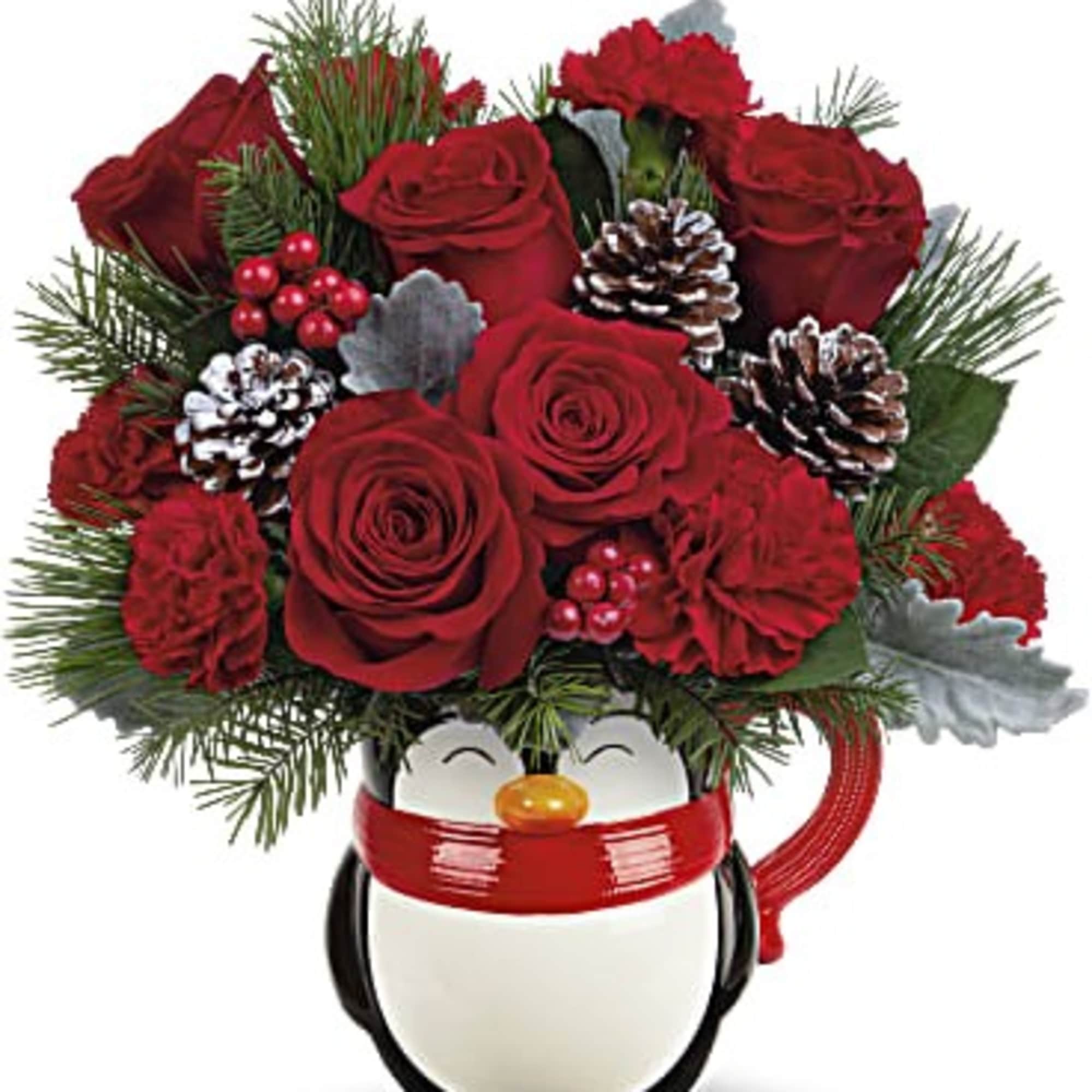 Bursting with Christmas blooms, this perky penguin is delighted to deliver your