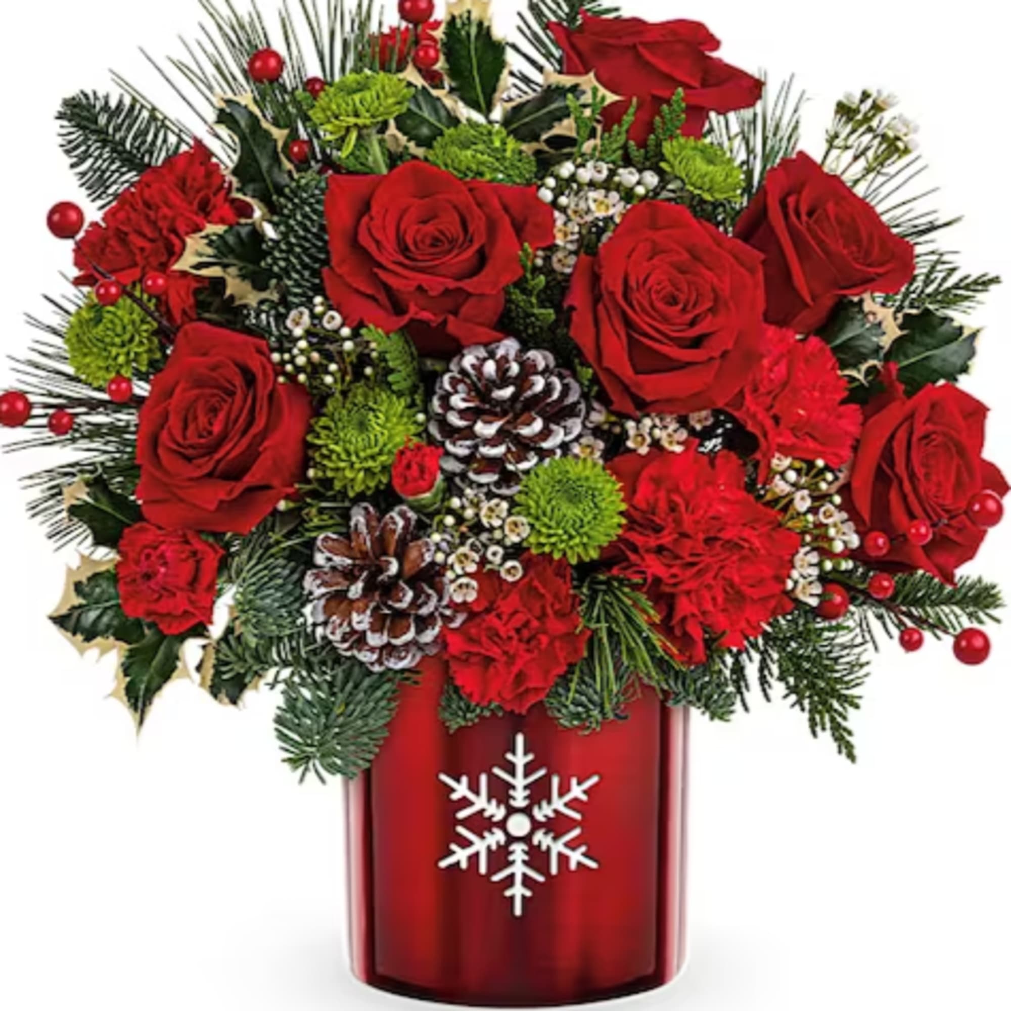 With its charming snowflake cutout, this gleaming metal vase is the perfect