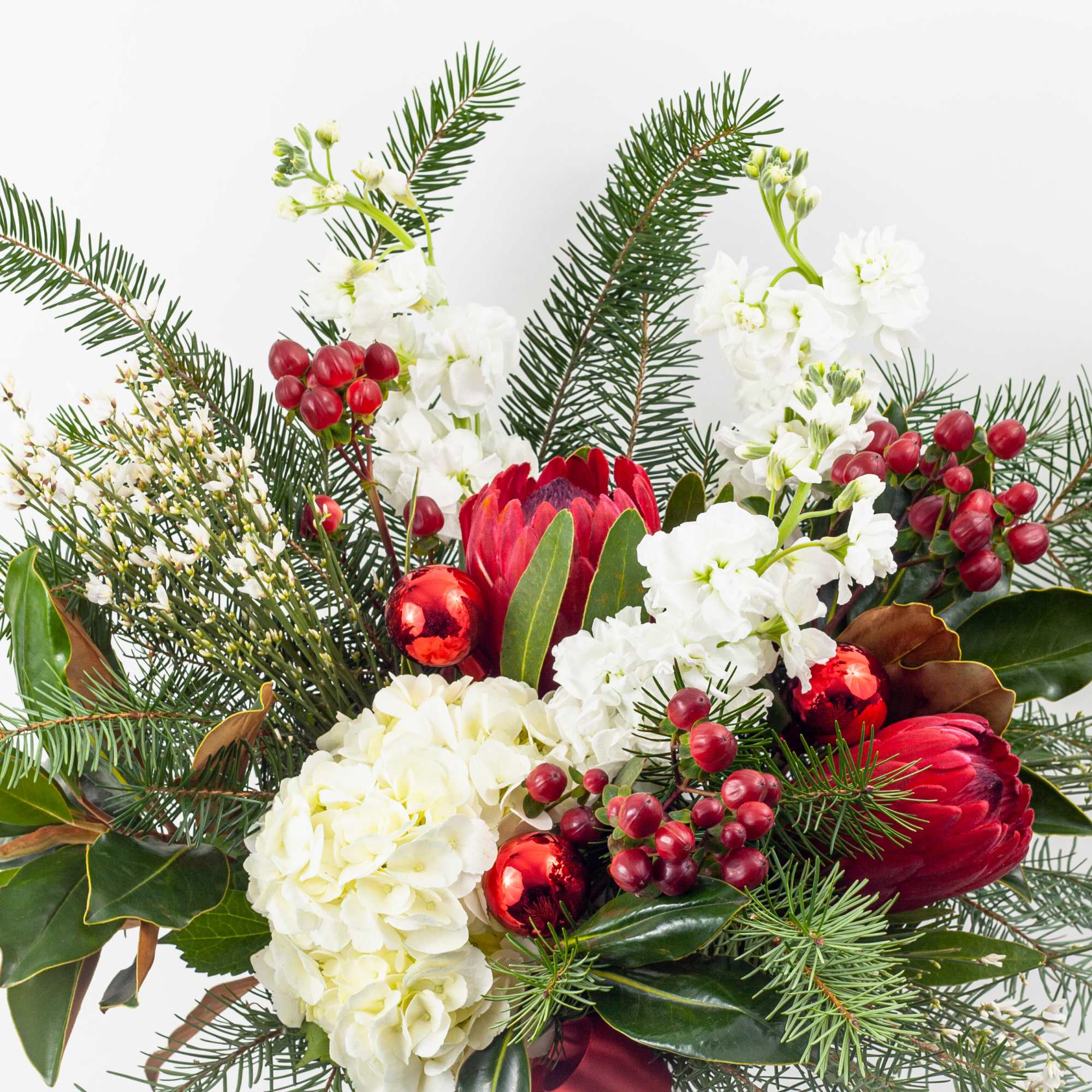 Fresh and vibrant. This vase of red and white flowers is about