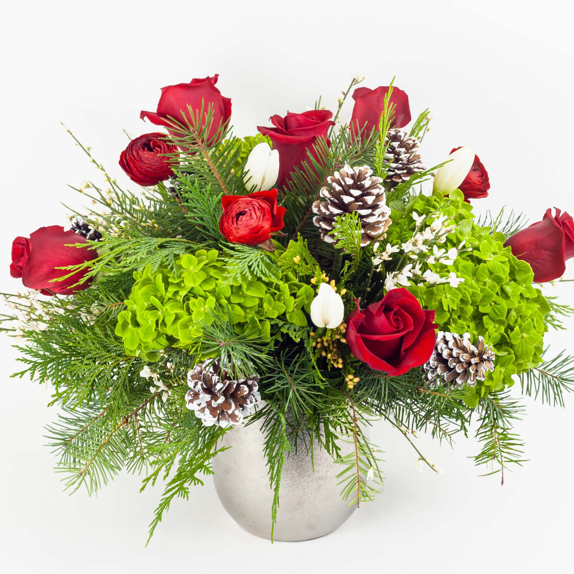 XMAS FLOWERS WITH RED ROSES, WHITE TULIPS &amp; RANUNCULUS 
Festive and bright.