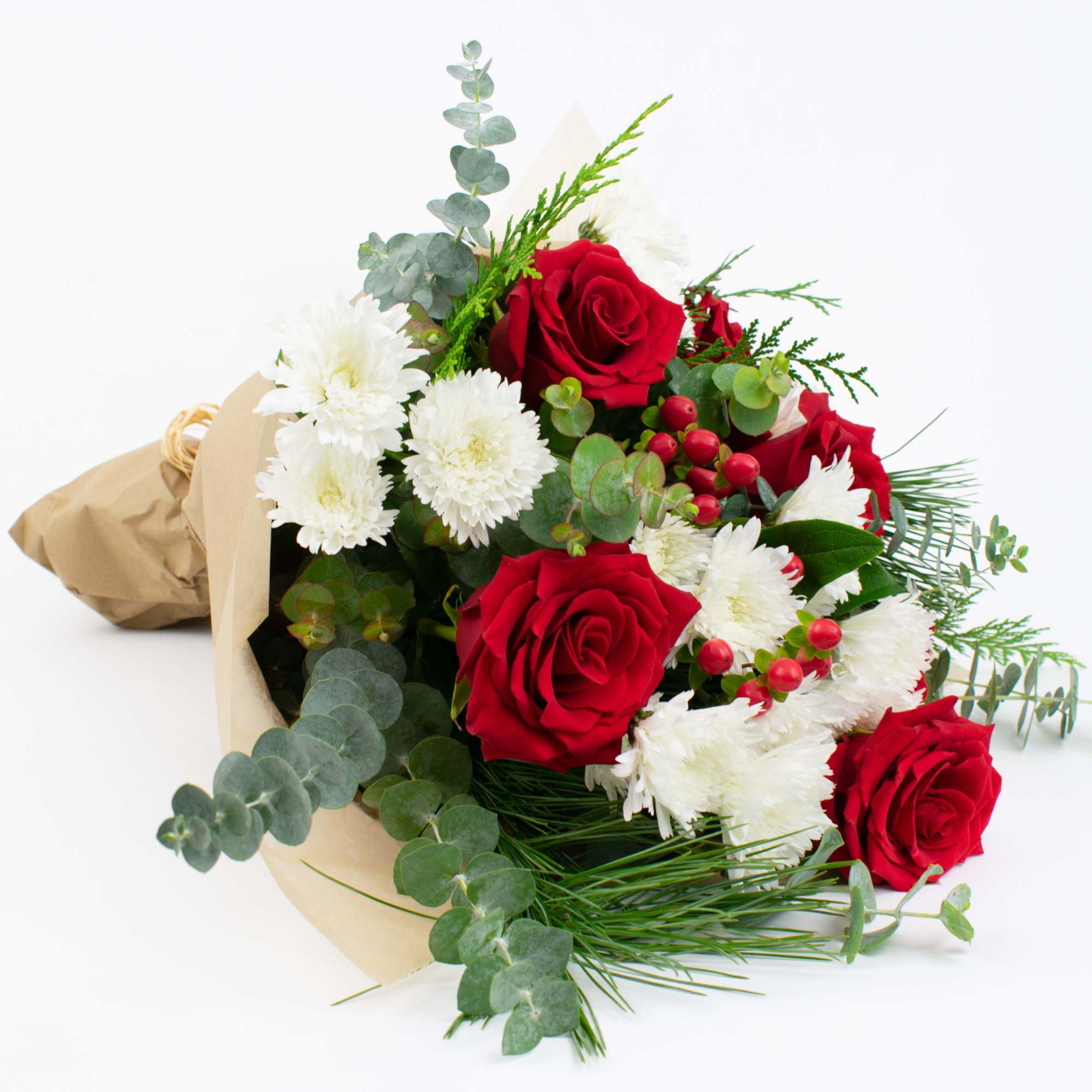 BEAUTIFUL CHRISTMAS FLOWER BOUQUET WITH RED ROSES AND BERRIES 

Bright and joyful.