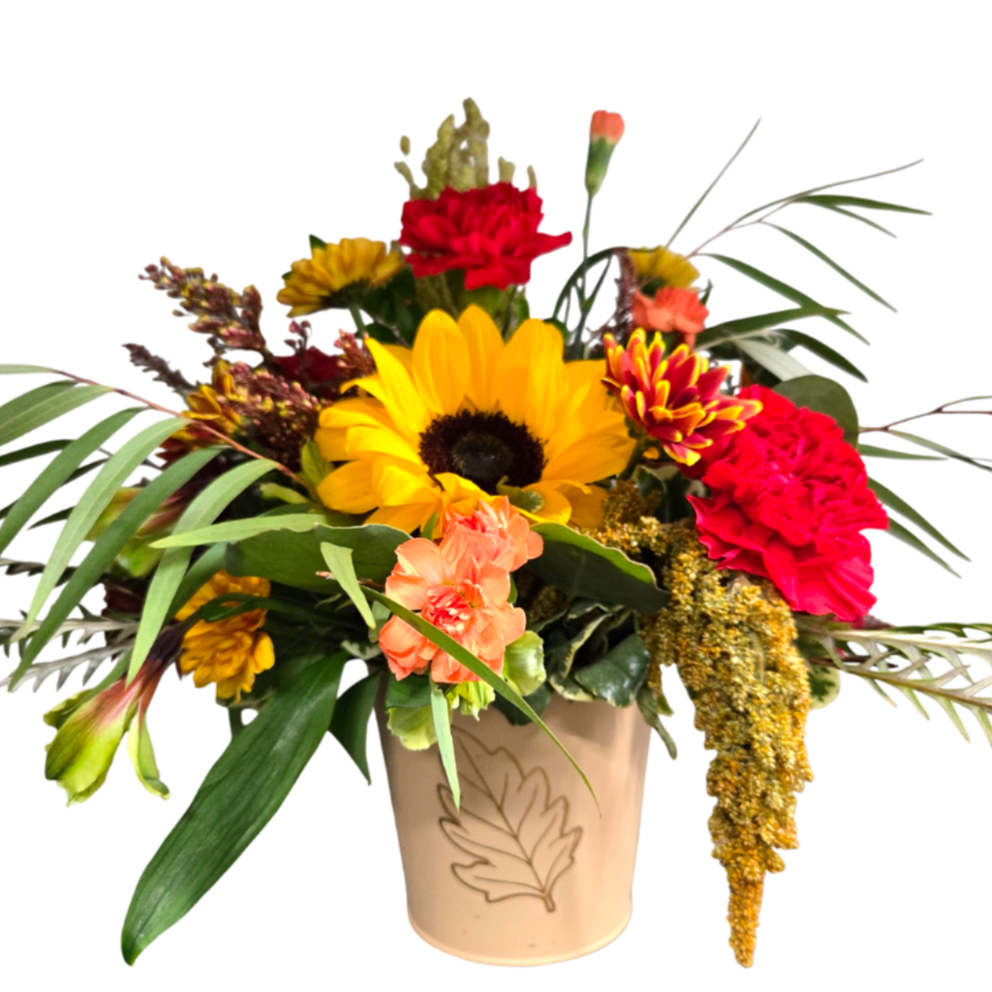 Perfect for the season , fresh seasonal blooms come arranged inside a