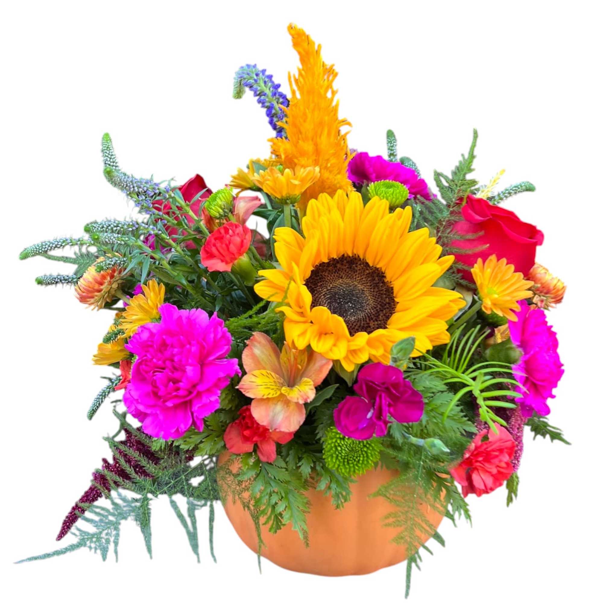 A ceramic pumpkin  overflowing with gorgeous fall flowers will compliment your