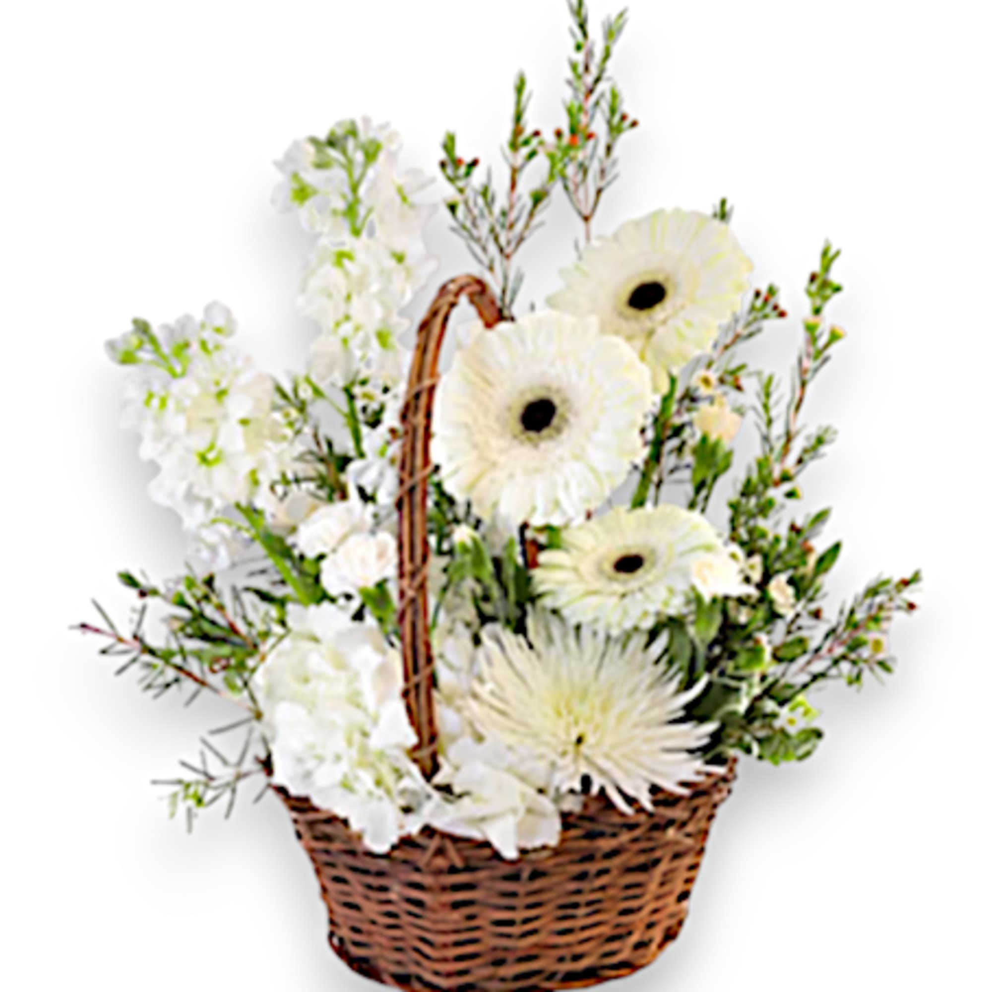 This beautiful sympathy arrangement is presented in a charming basket, offering a