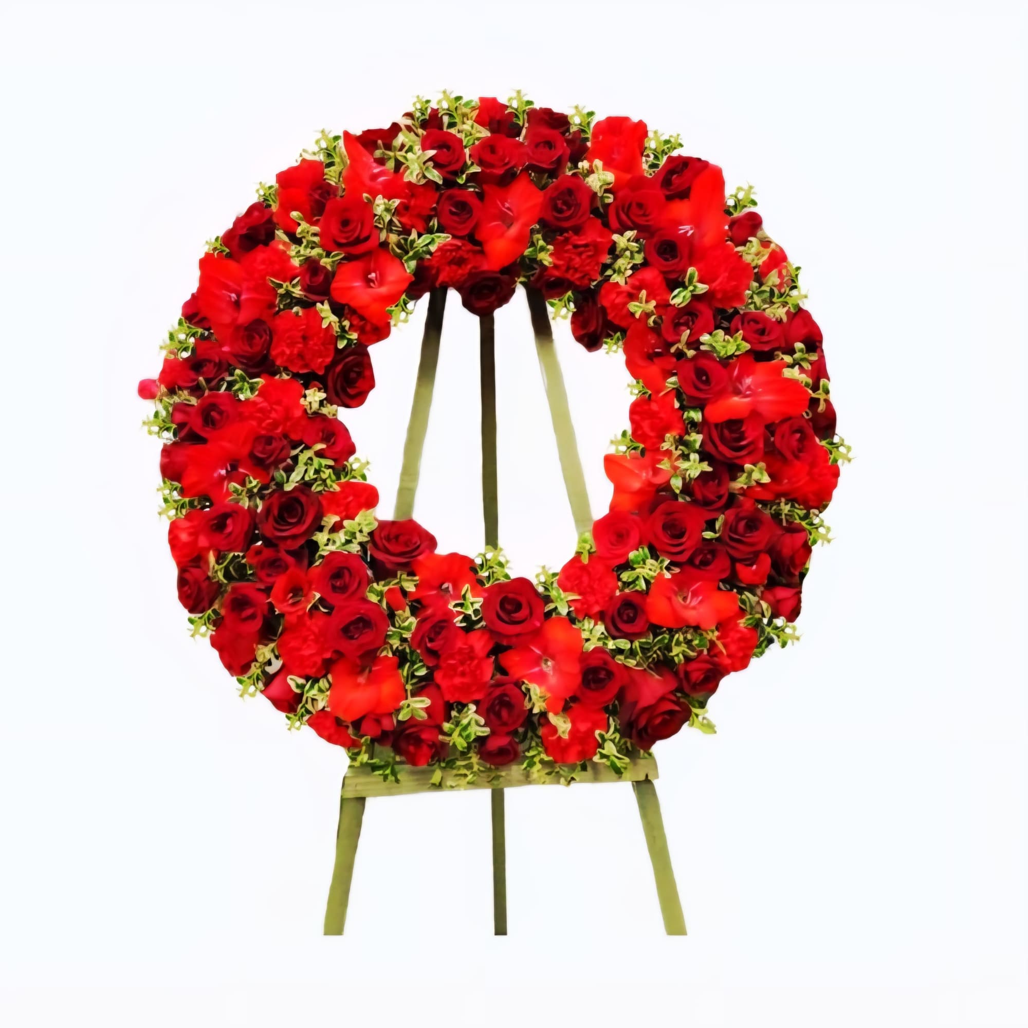 A stunning all-red wreath that speaks to profound love and connection. Rich