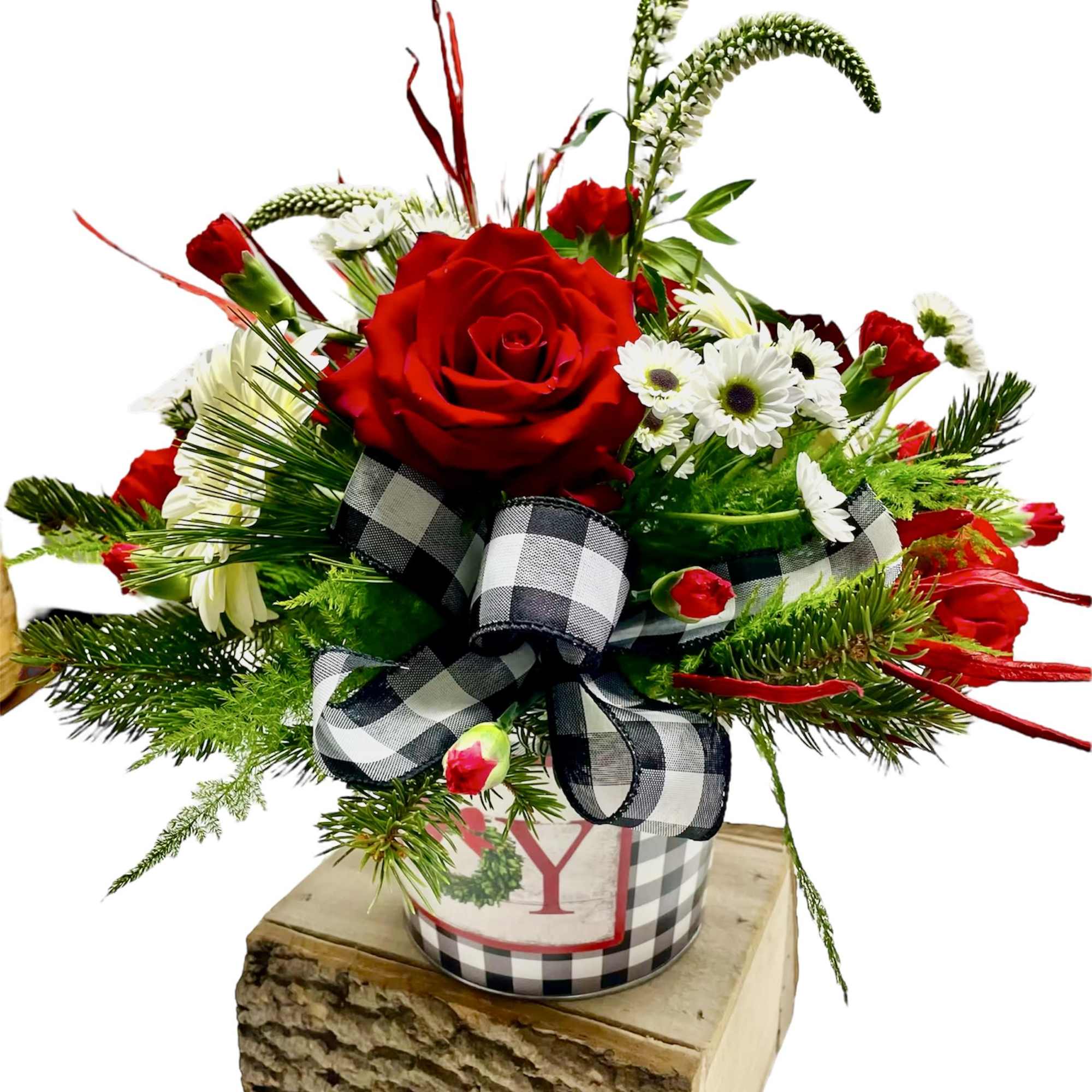 Choose joy with this lovely tin planter filled with fragrant evergreens and
