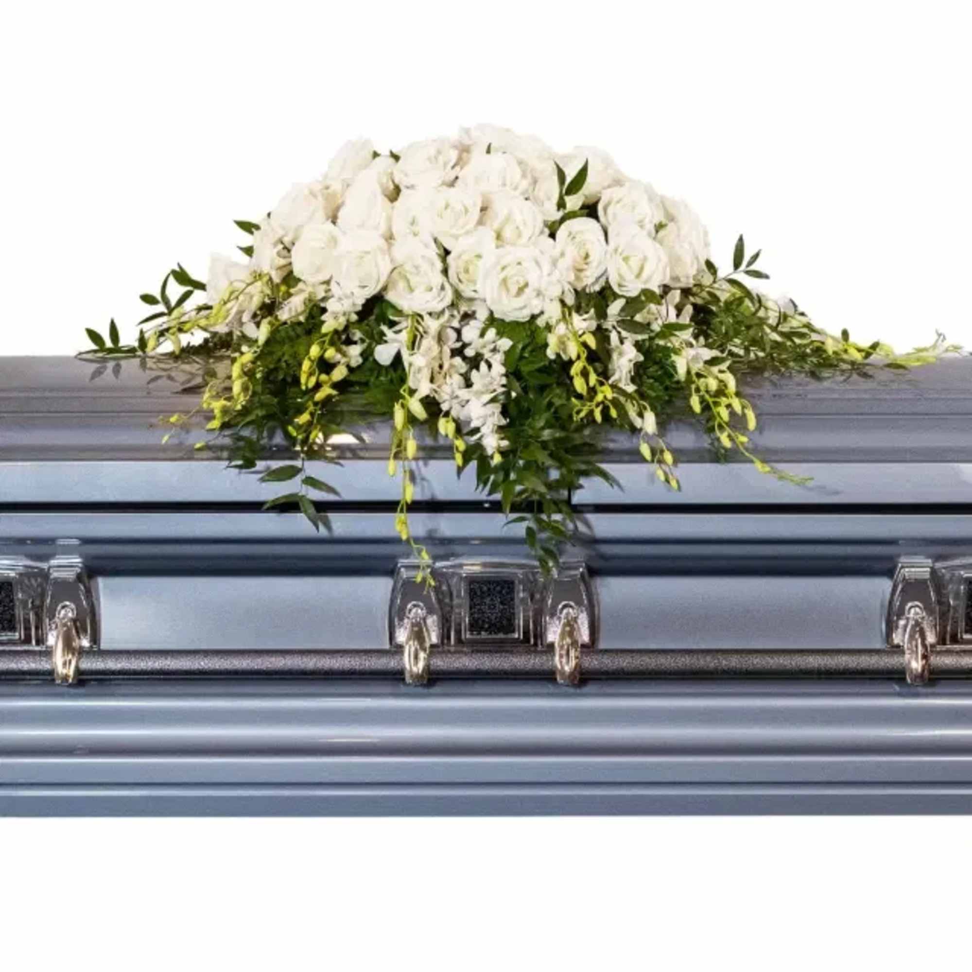 Graceful, pure, and sophisticated, this exquisite casket spray is a heartfelt tribute