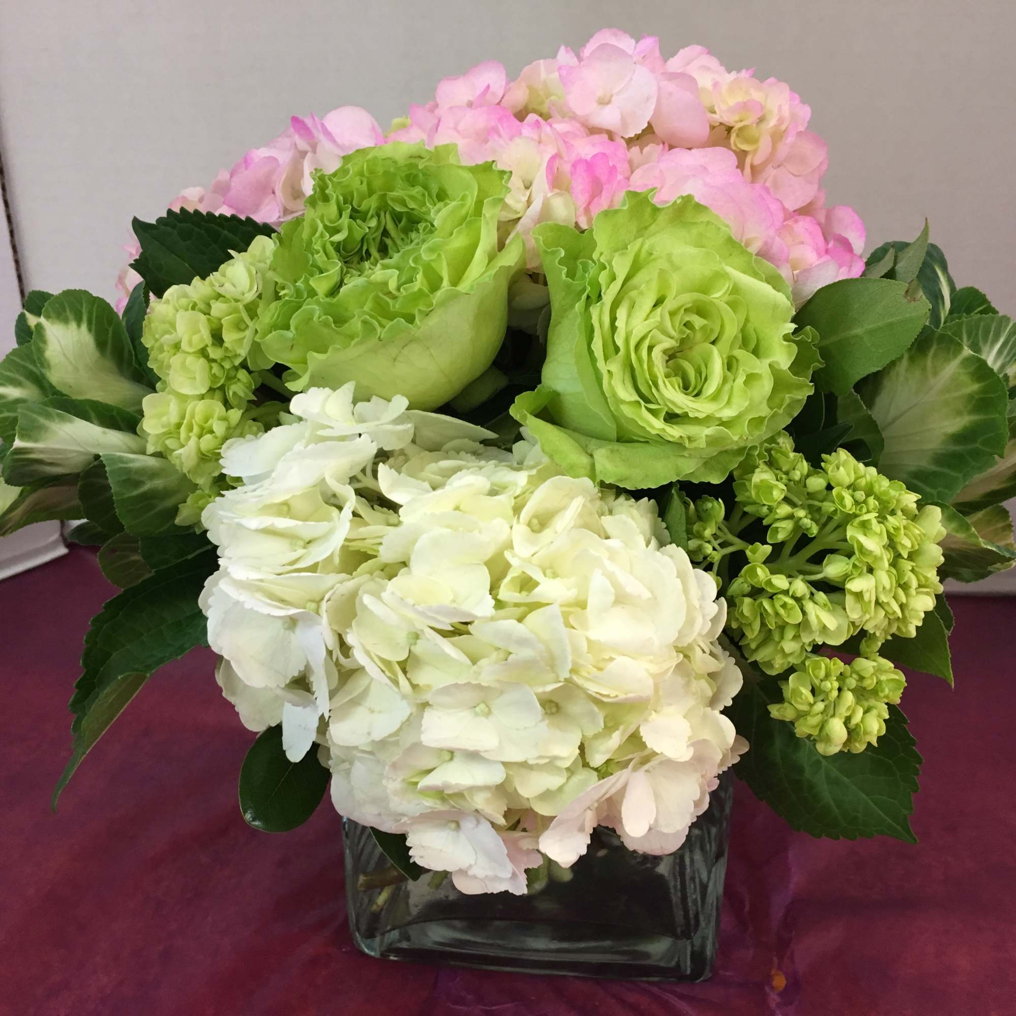 Multi Colored Hydrangea, Roses, Fancy Greens