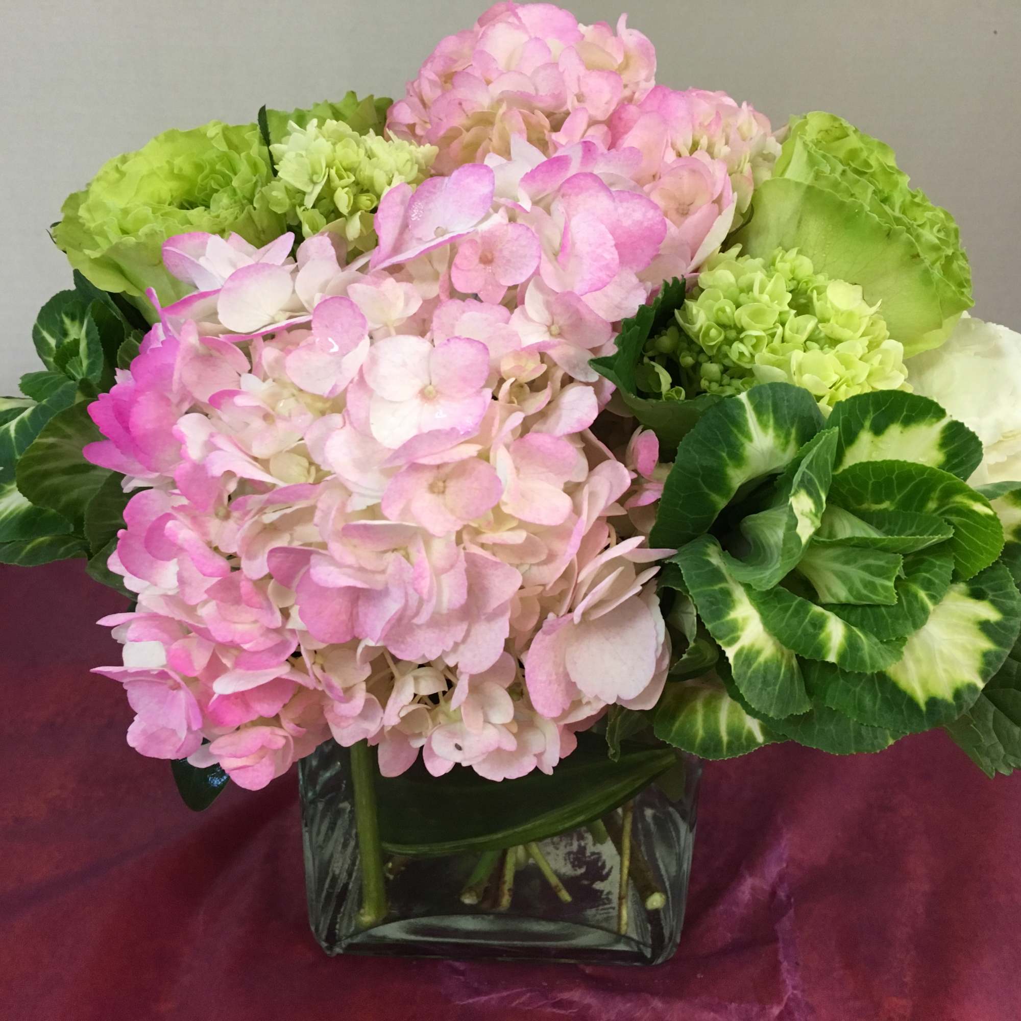 Multi Colored Hydrangea, Roses, Fancy Greens