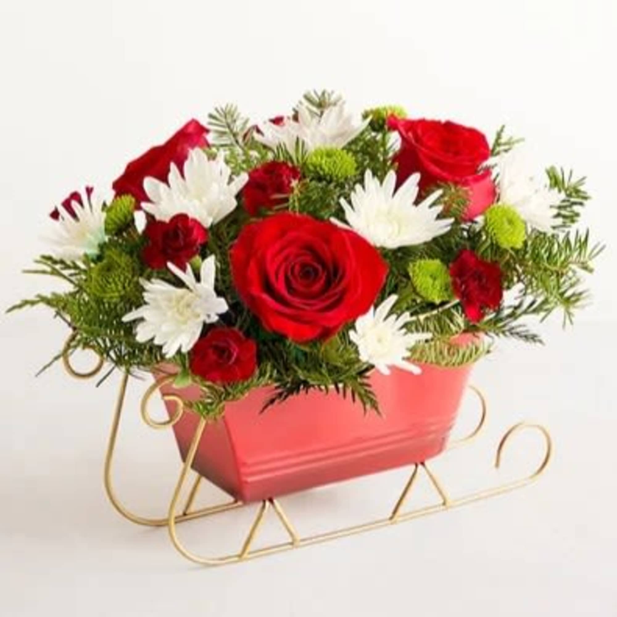 Send holiday joy their way! Our dashing arrangement features classic Christmas-colored blooms