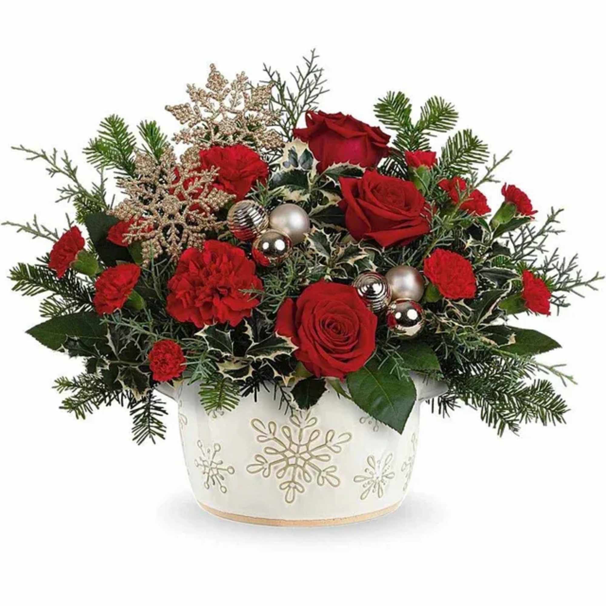 Red flowers and bright pops of gold makeup Snowflake Symphony. Flowers like