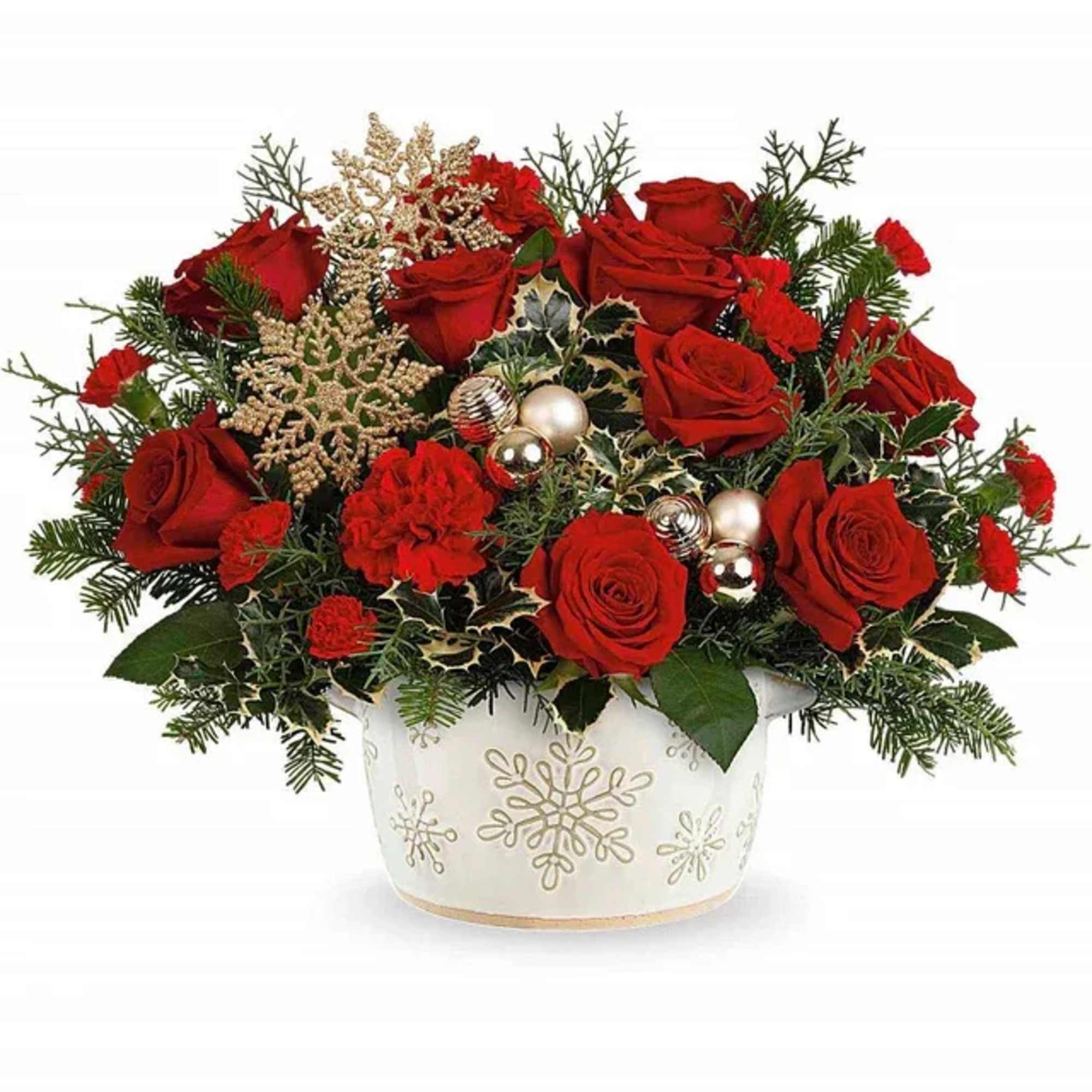 Red flowers and bright pops of gold makeup Snowflake Symphony. Flowers like
