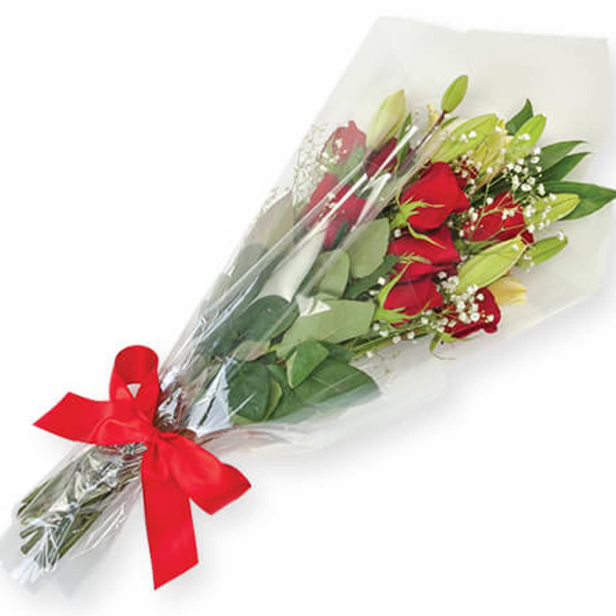 Bouquet of red roses wrapped in clear plastic with a red ribbon