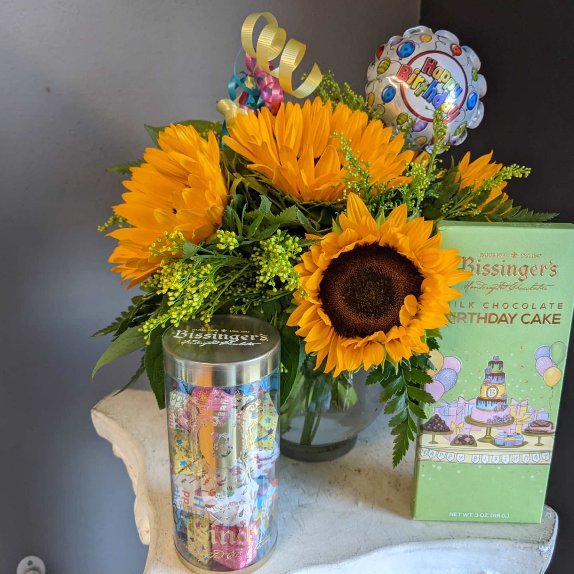 Sunflower Sunshine arrangement with birthday inclusions
