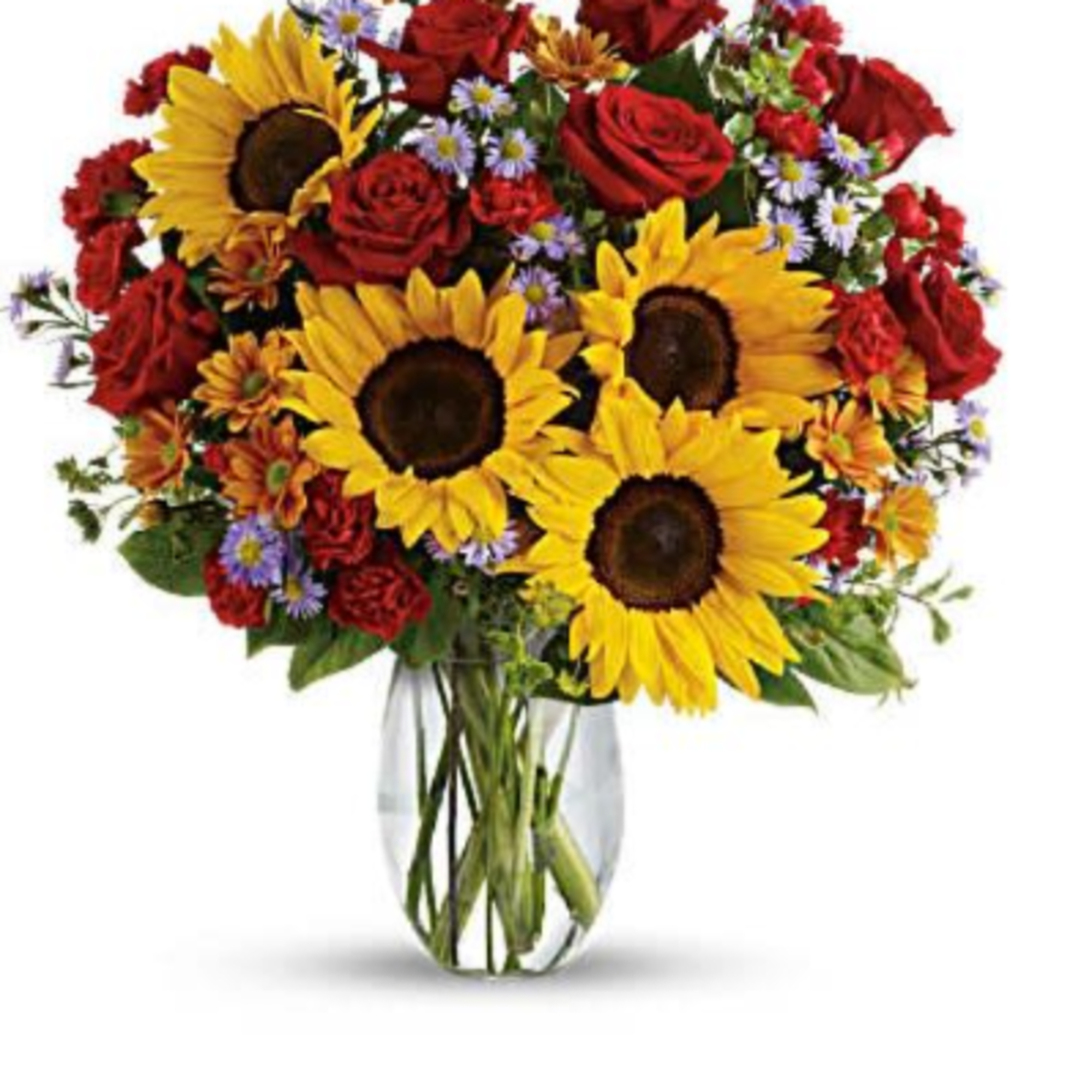 A sunny sunflower bouquet gets an autumnal spin with the addition of