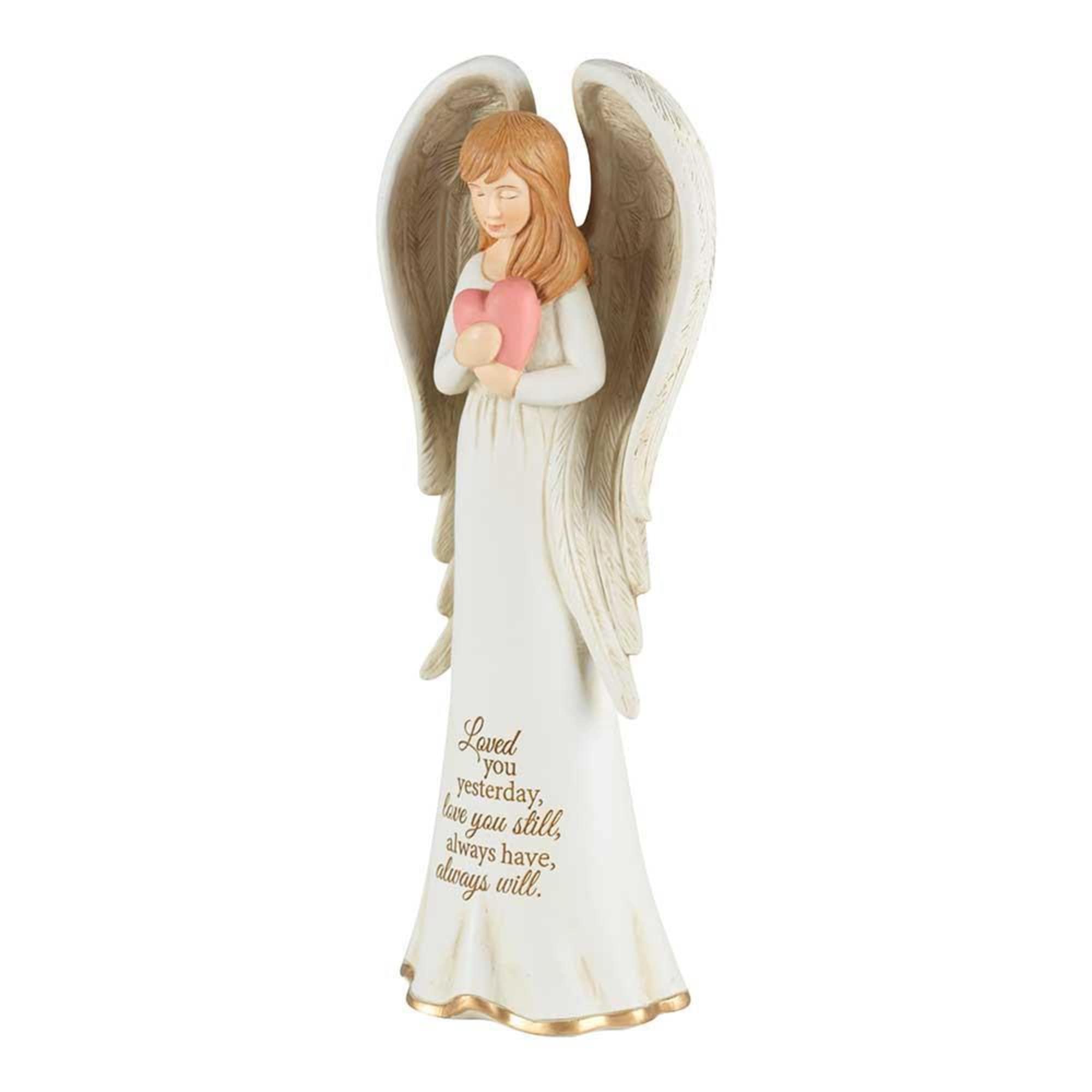 Exquisite angel with head bowed while holding a pink heart. Inscription on