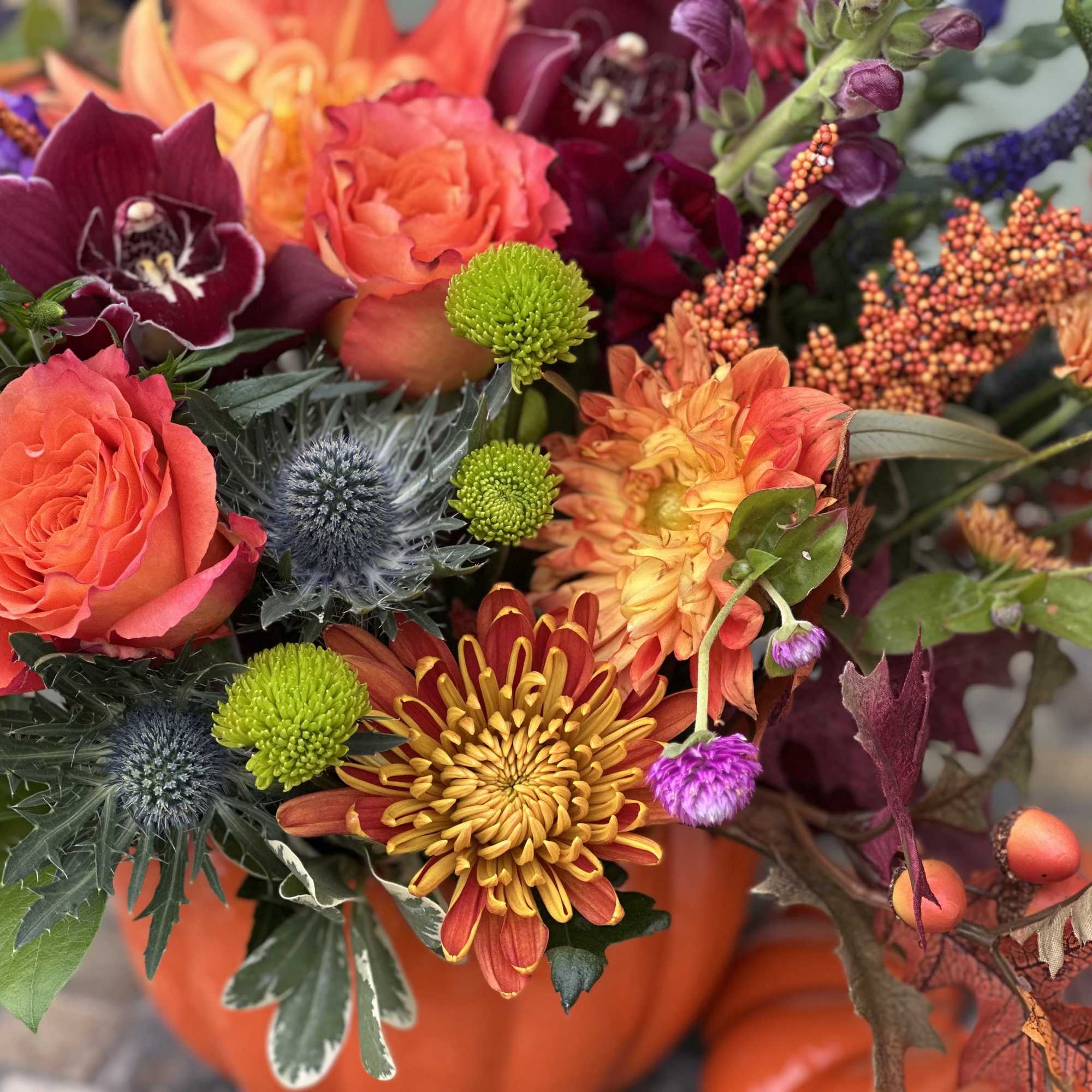 Warm, vibrant, and full of seasonal charm, this pumpkin arrangement celebrates teh