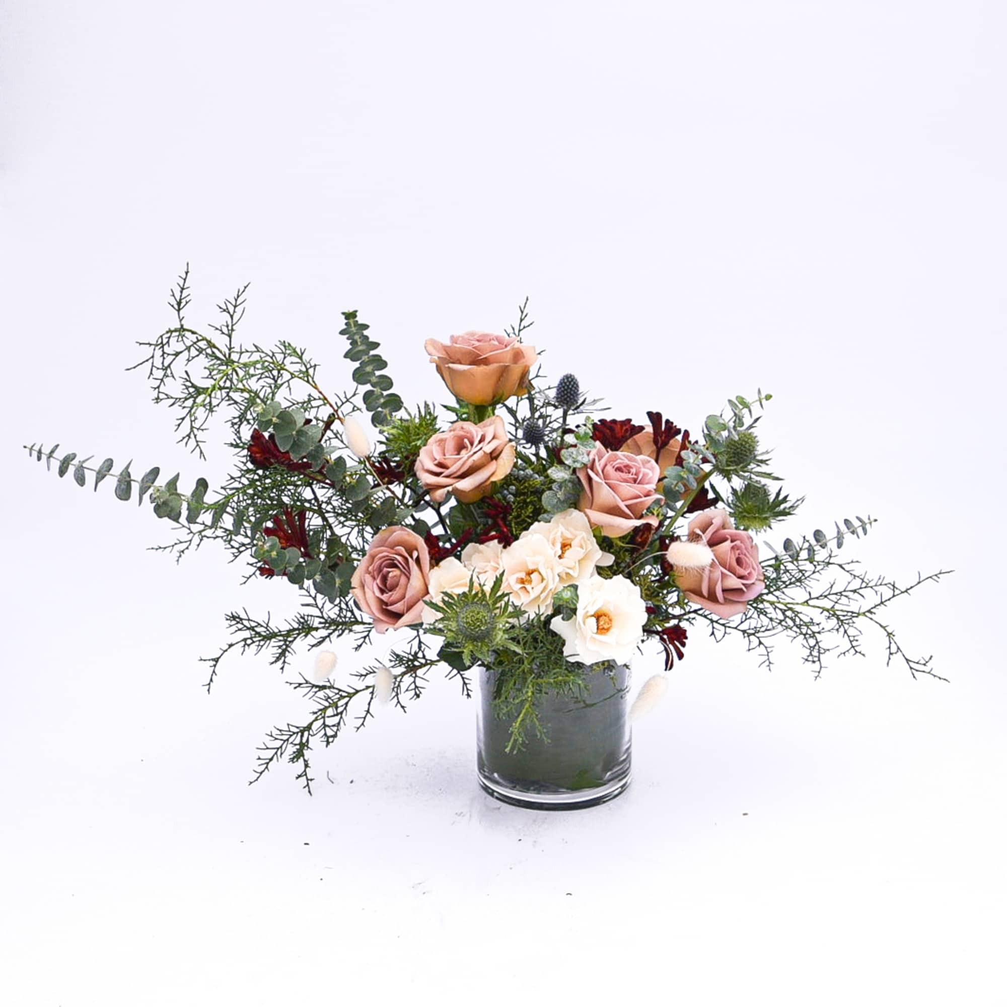 Muted vintage mauve and taupe tones mixed with deep burgundy and sapphire