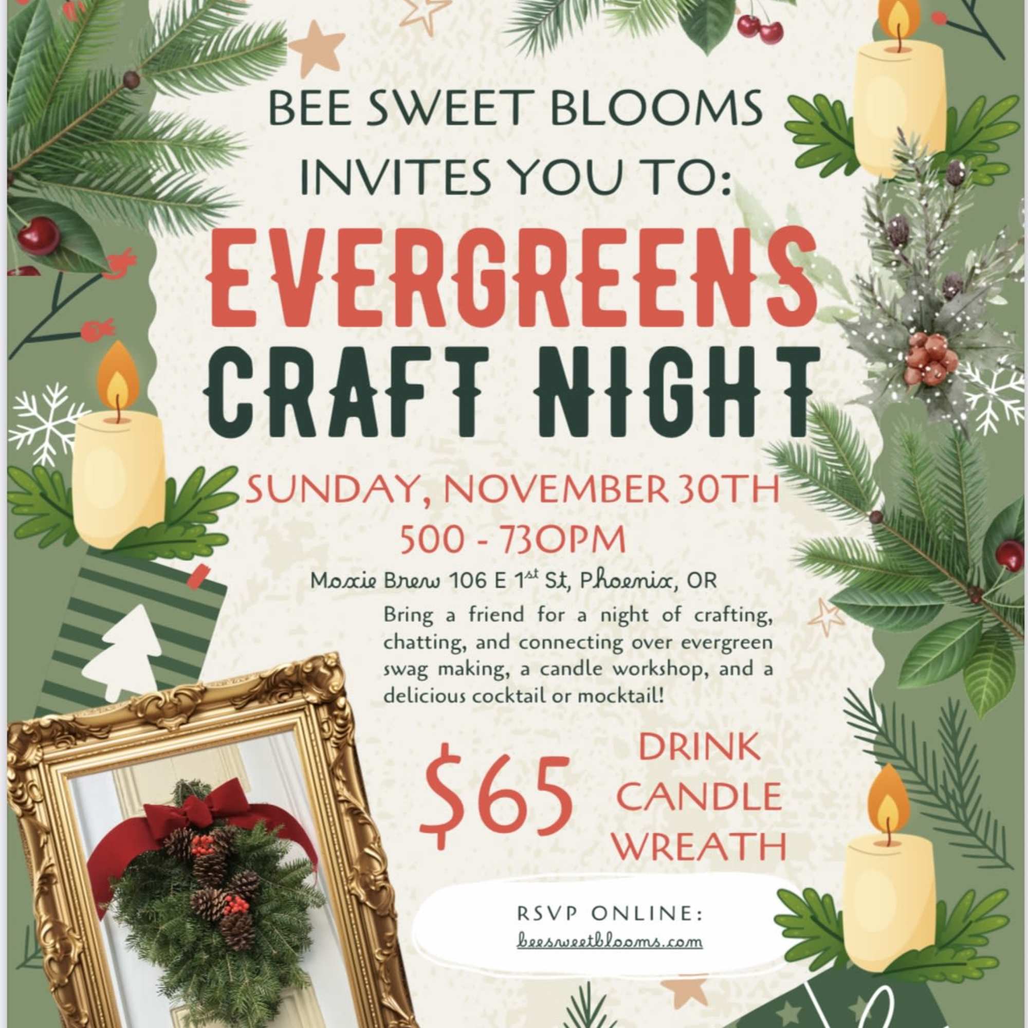  Holiday Swag + Candle Making Workshop 
at Moxie Brew

Get cozy, sip