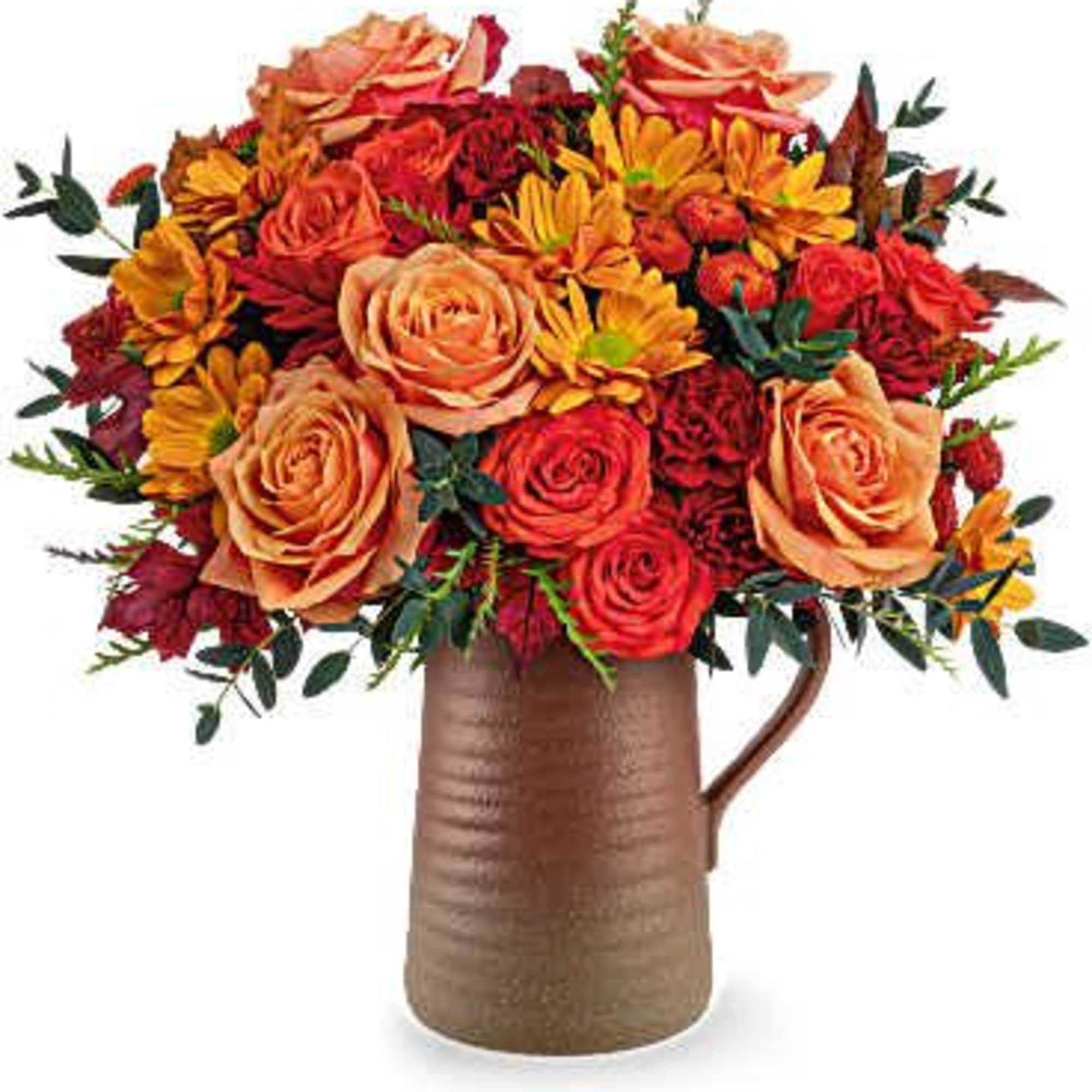  A charming autumn bouquet of roses, chrysanthemums, and seasonal blooms arranged