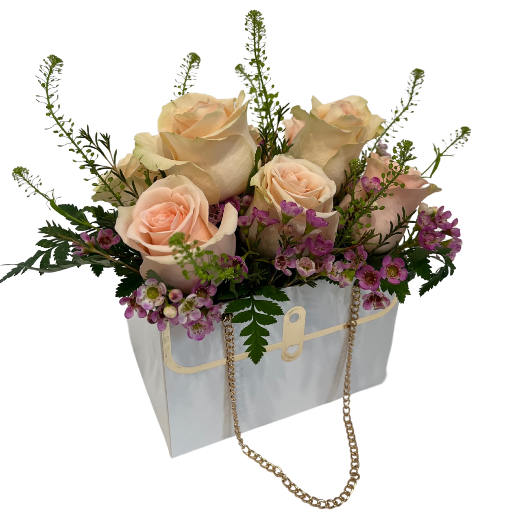 This exquisite flower arrangement is a perfect blend of elegance and charm