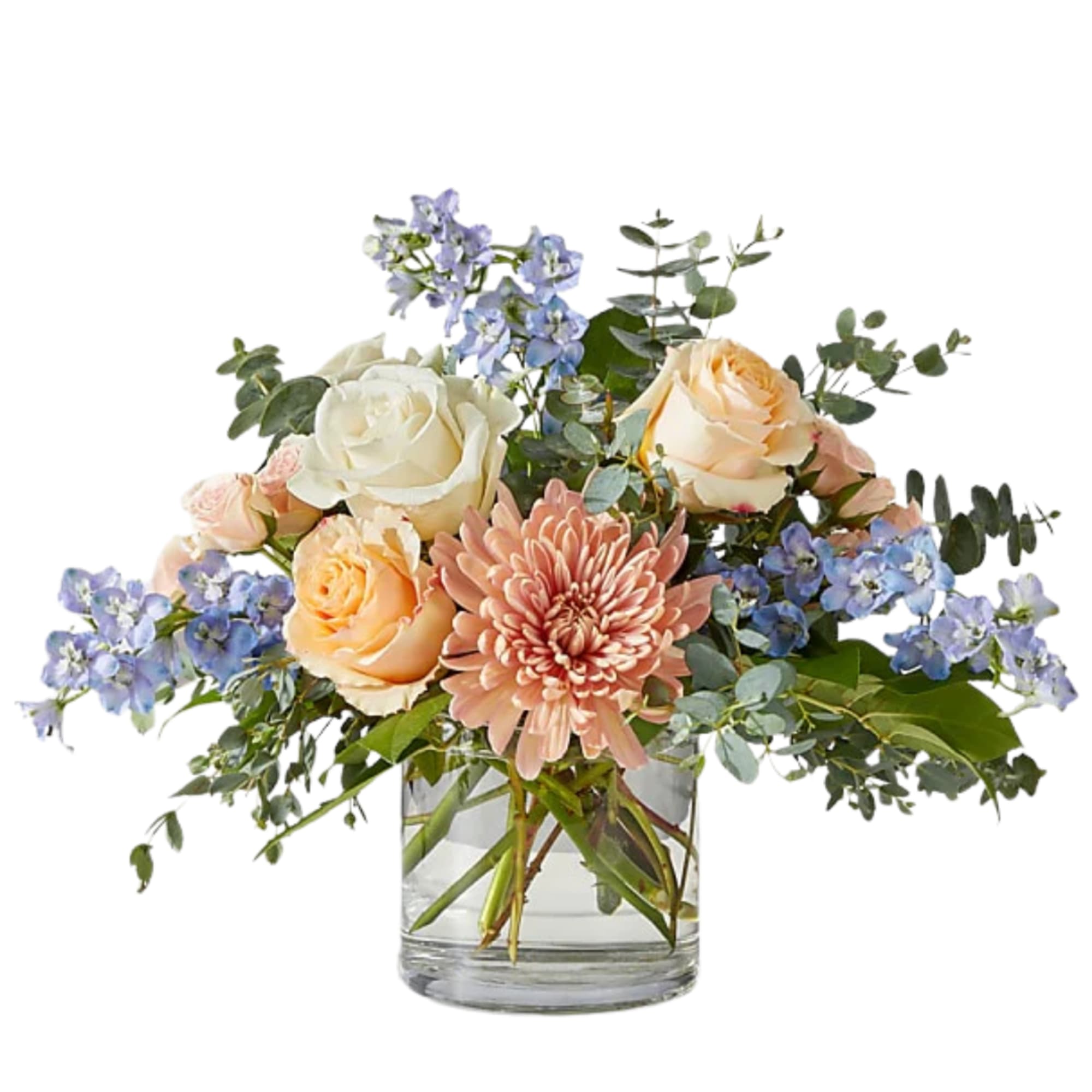 Delicate peach and ivory roses pair effortlessly with airy blue delphinium and
