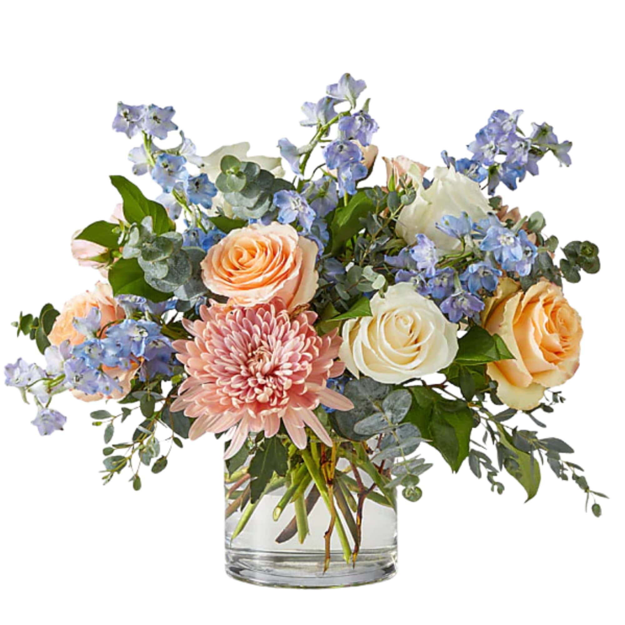 Delicate peach and ivory roses pair effortlessly with airy blue delphinium and