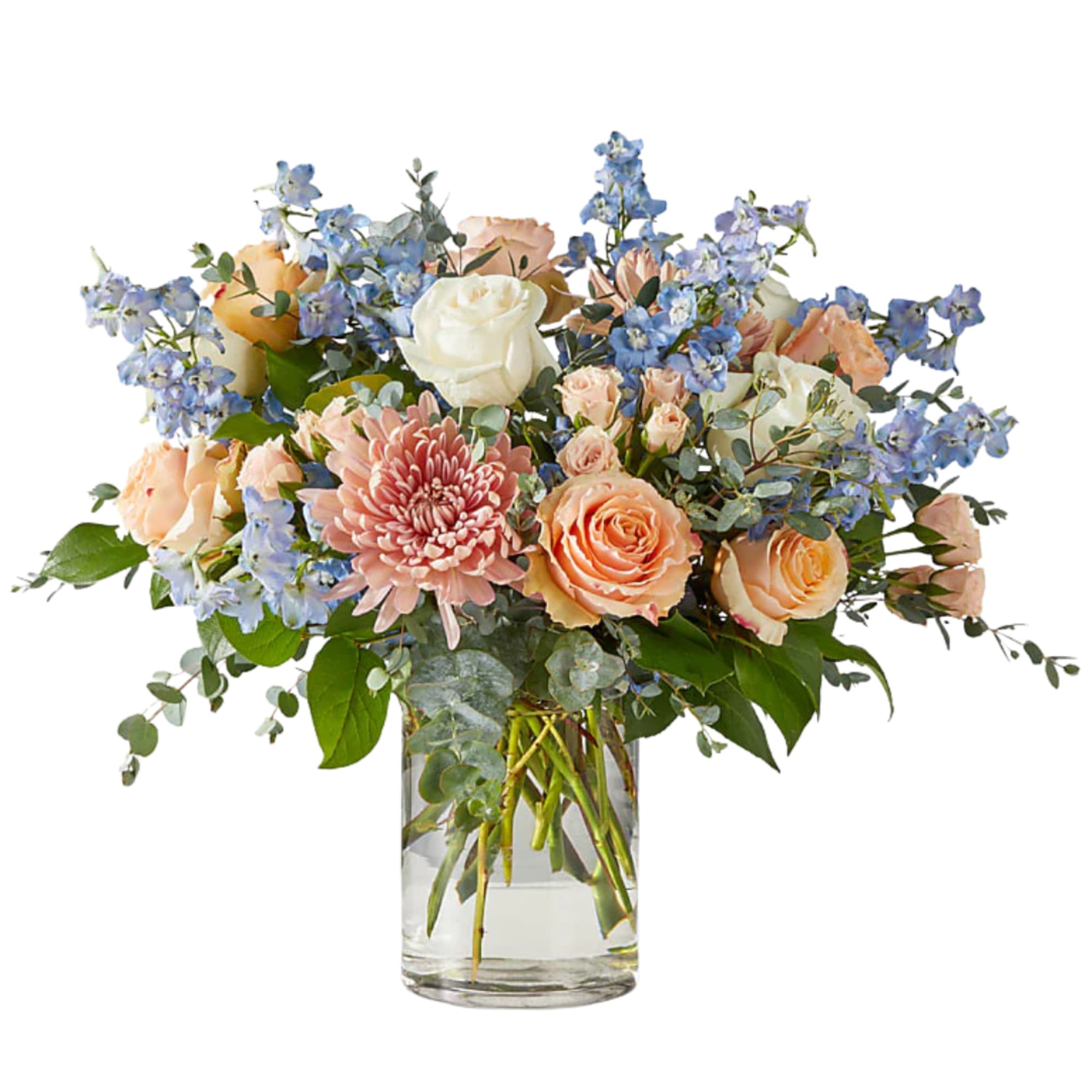 Delicate peach and ivory roses pair effortlessly with airy blue delphinium and