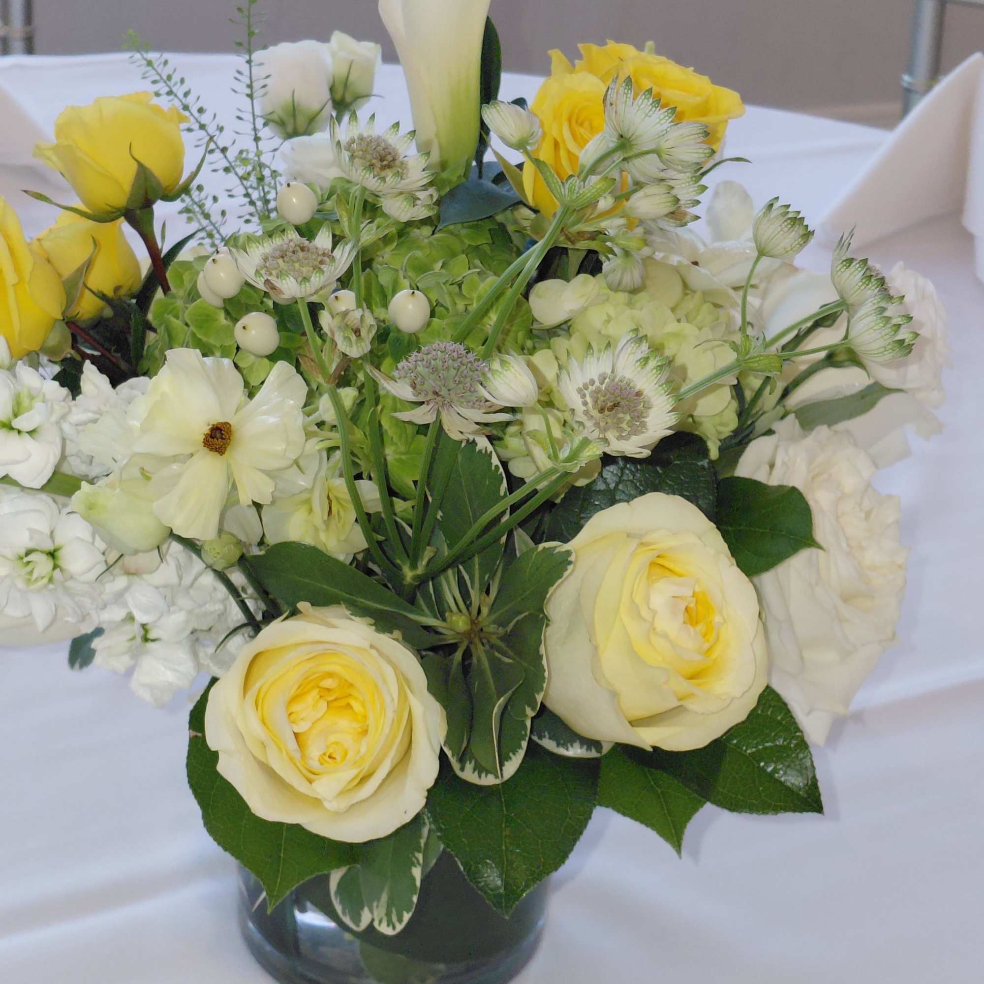 Buttercup Yellow Roses, Yellow Spray Roses, Hydrnagea, Stock, Assorted Sesonal Flowers, Mini
