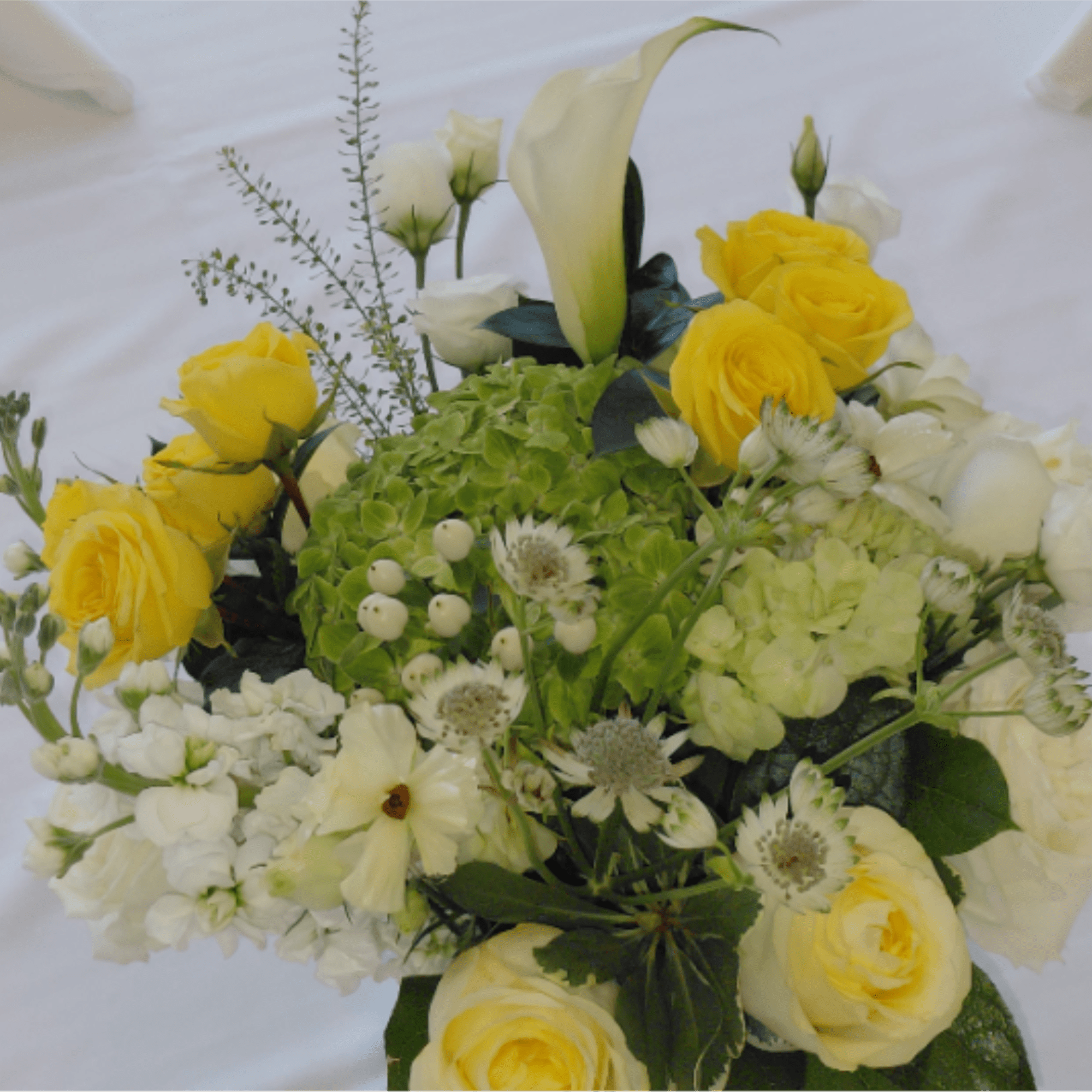 Buttercup Yellow Roses, Yellow Spray Roses, Hydrnagea, Stock, Assorted Sesonal Flowers, Mini