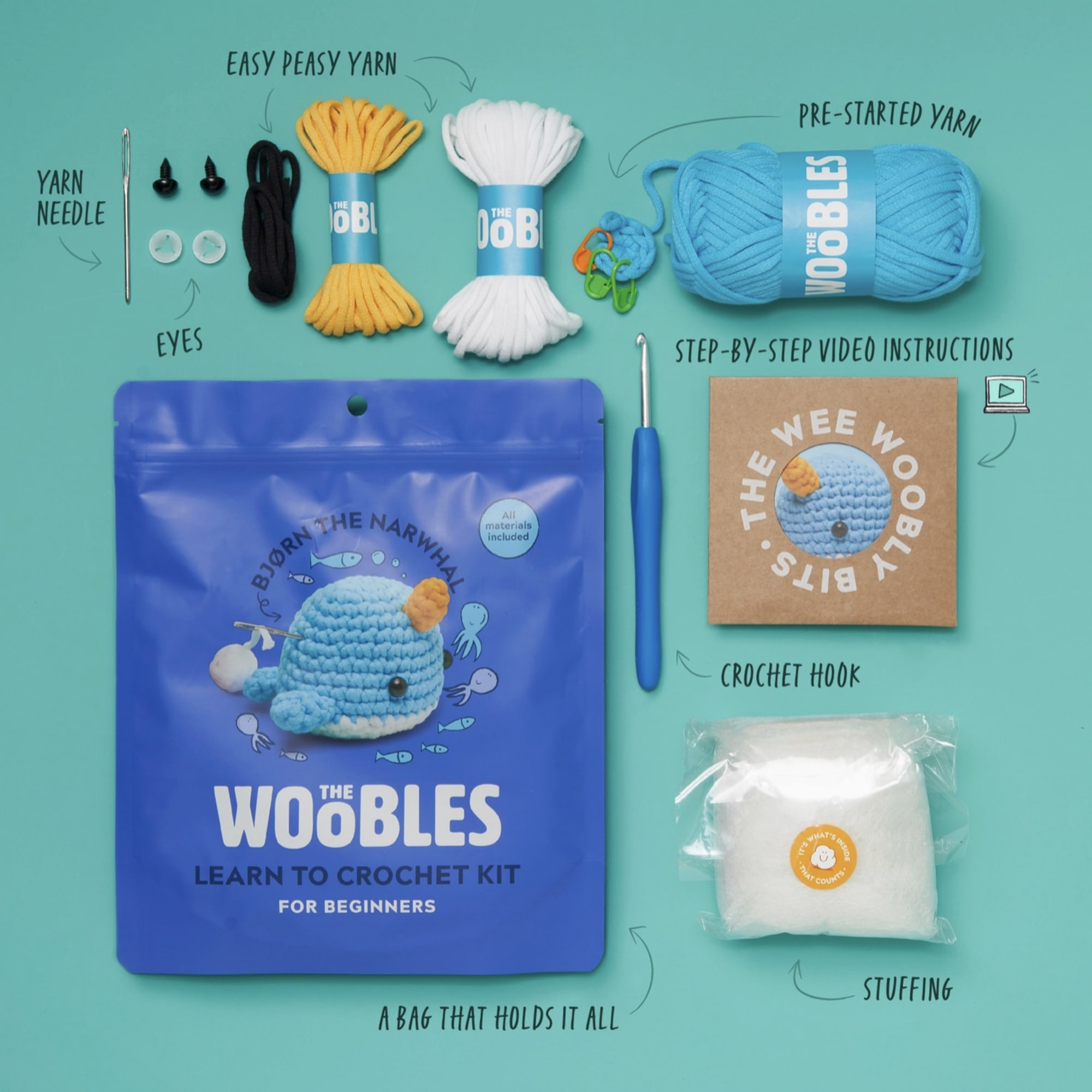 Give the gift of The Wobbles beginner crochet kit!  Comes with