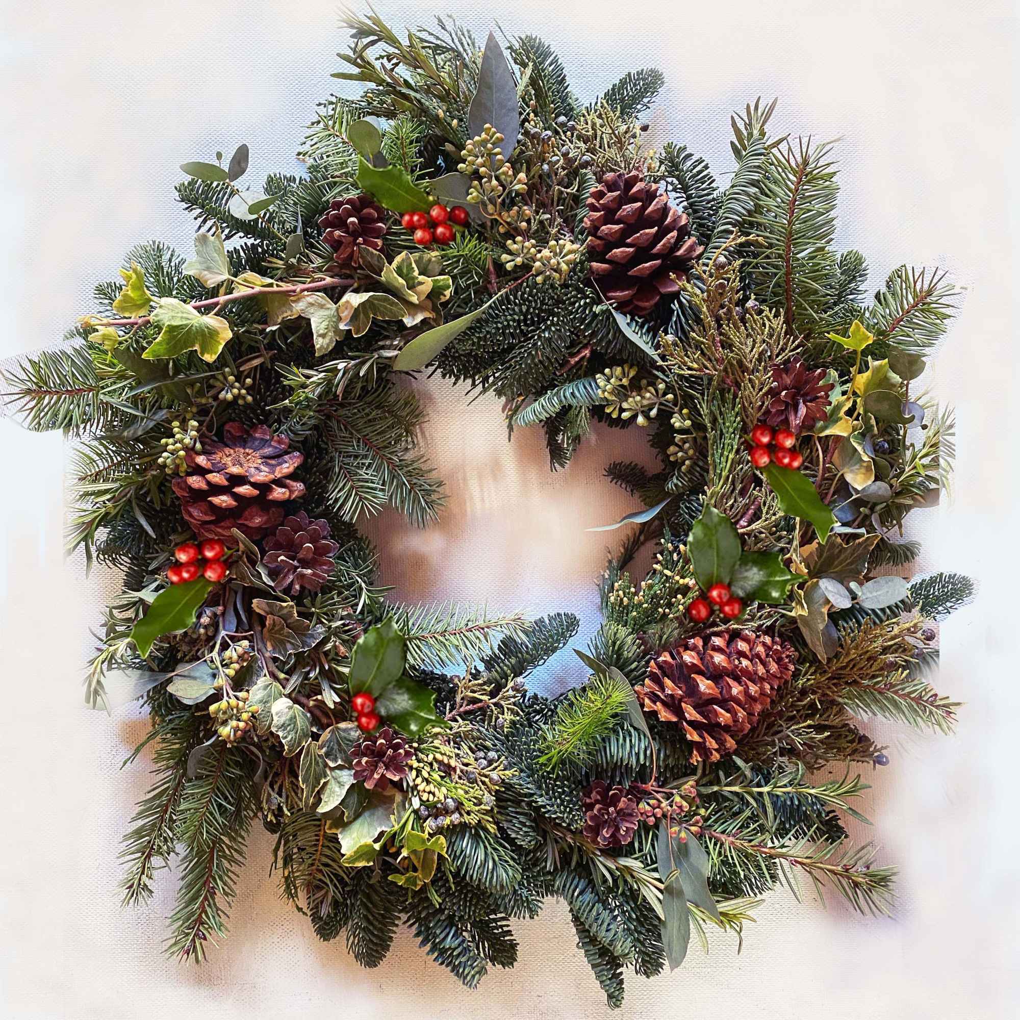 Organic and fresh 20&quot; wreath of different pines (juniper, douglas, noble), with