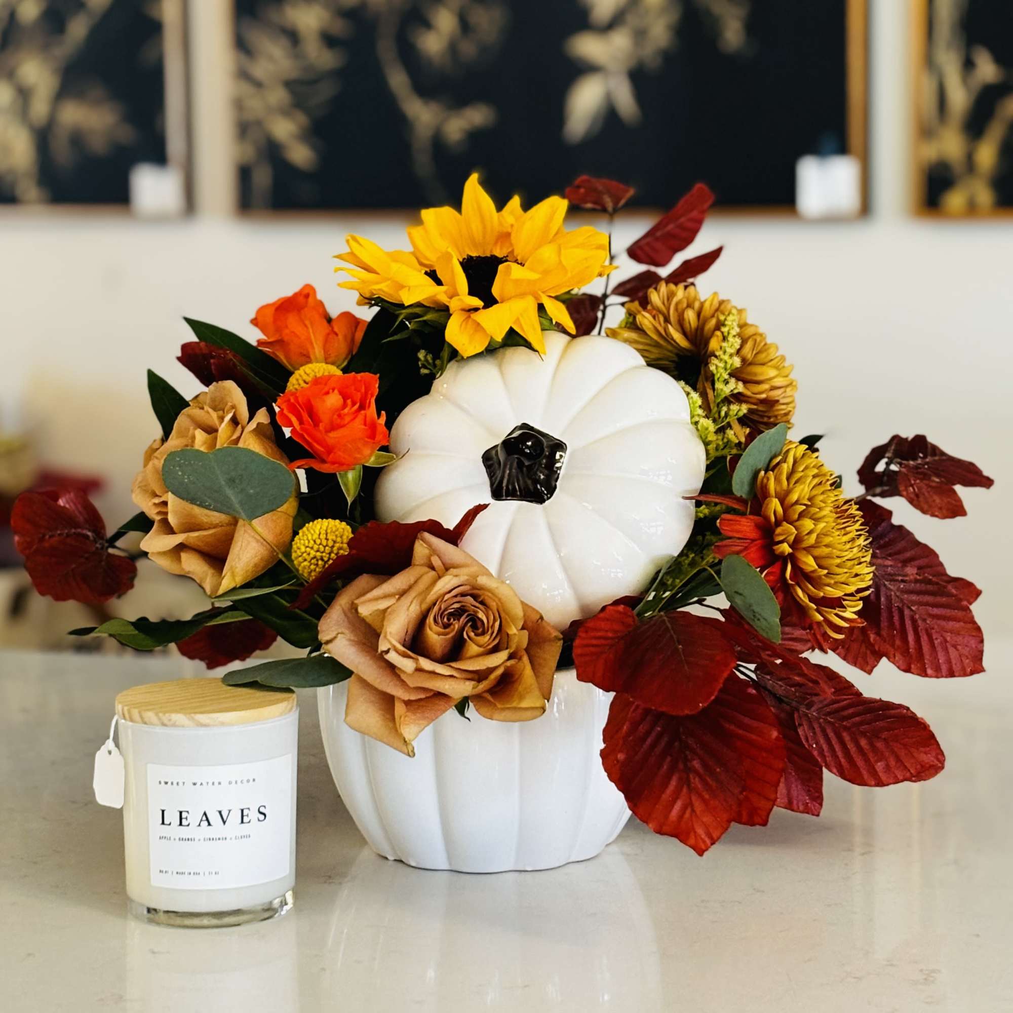 Ceramic pumpkin keepsake, filled with autumnal floral and foliage.  Bundled with