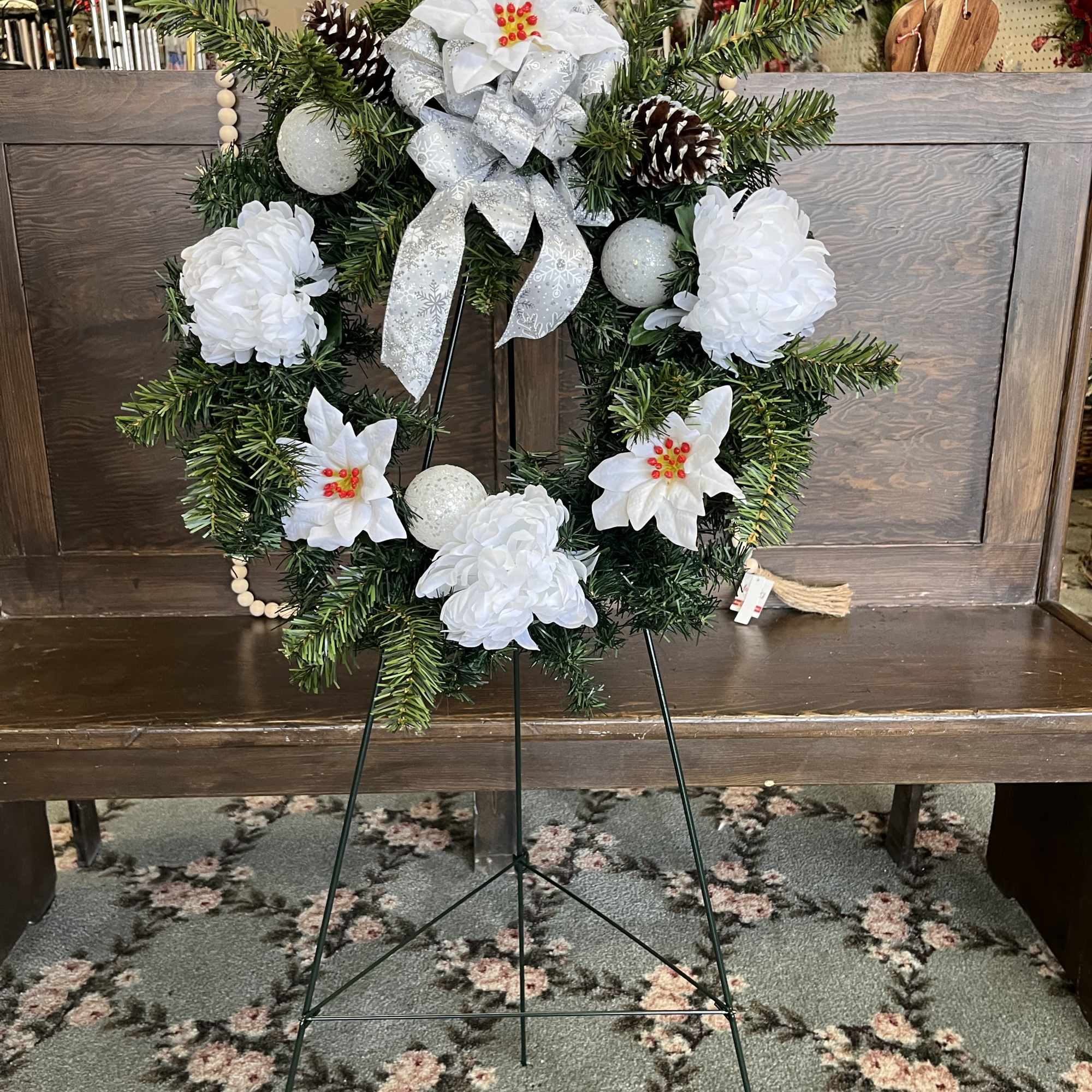 Delivery to Local Cemeteries available with photo provided.  
Artificial pine wreath