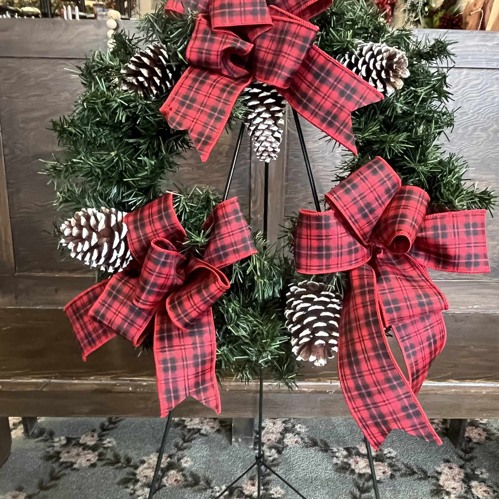 Delivery to Local Cemeteries available with photo provided.  
Artificial pine wreath