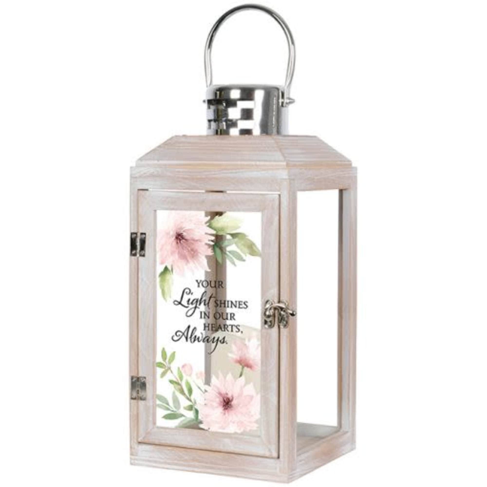 "Your light shines in our hearts, always" memorial lantern with battery operated