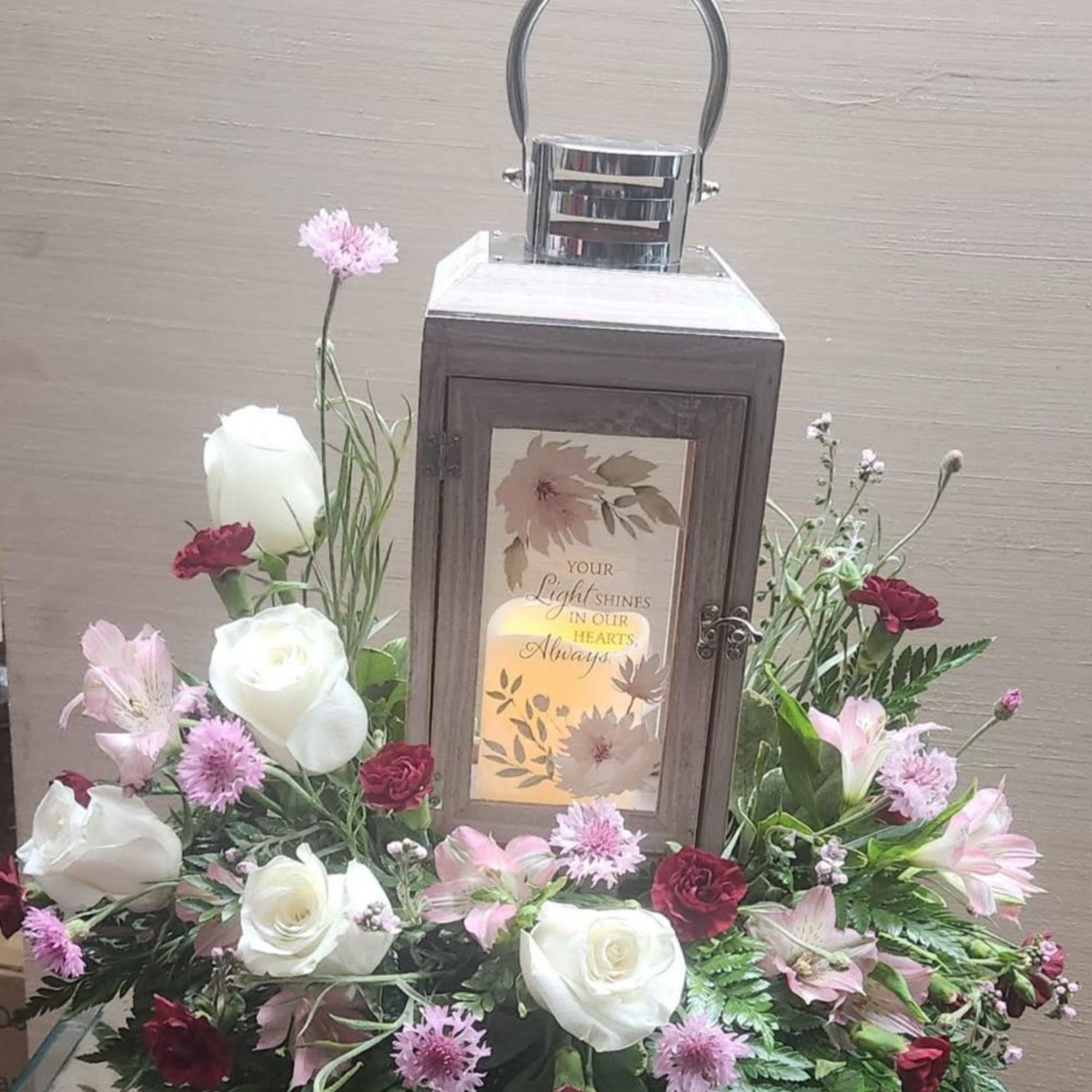 "Your light shines in our hearts, always" memorial lantern with battery operated